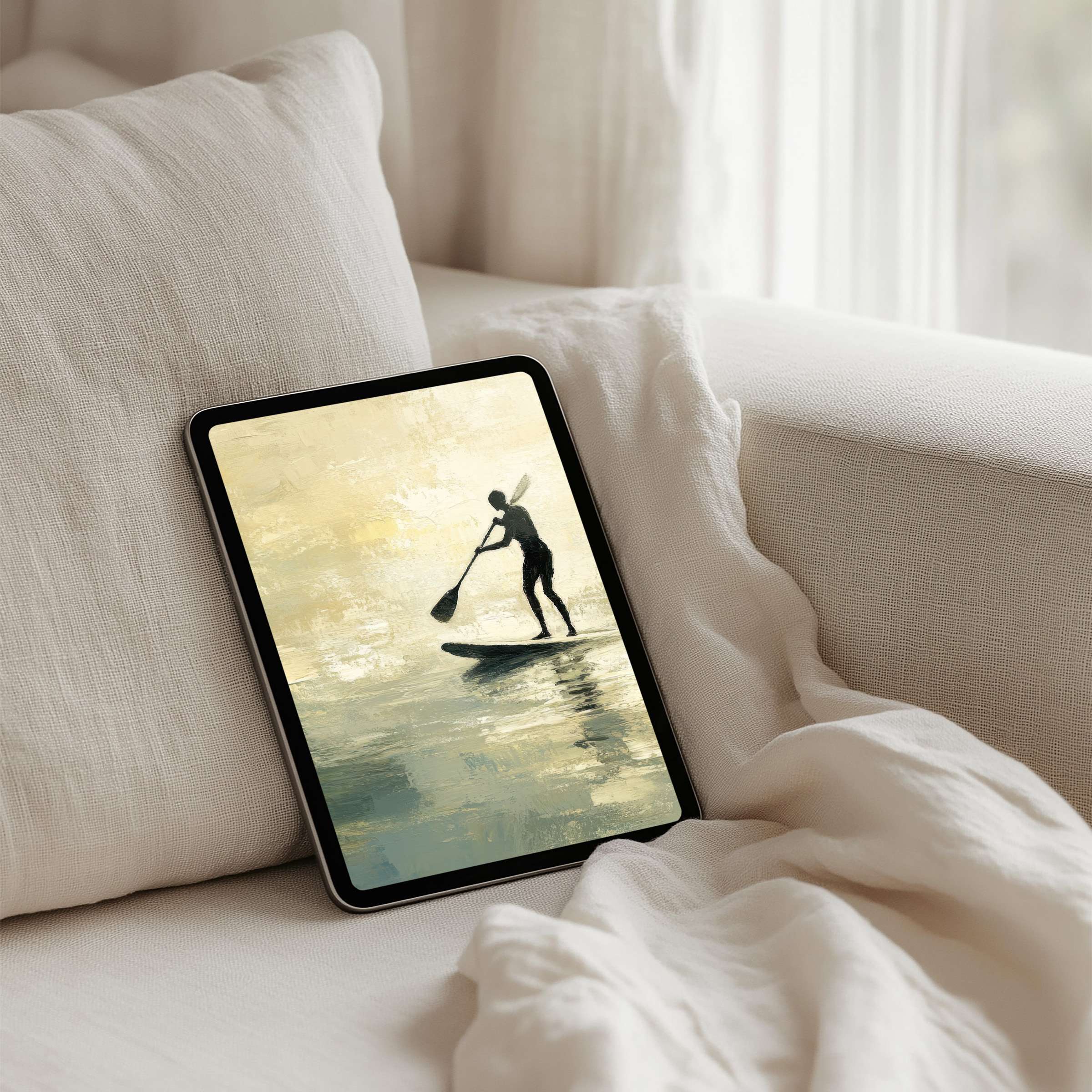 Elegant iPad background of serene paddleboarder on a tranquil sea perfect for instant download calming your tablet space