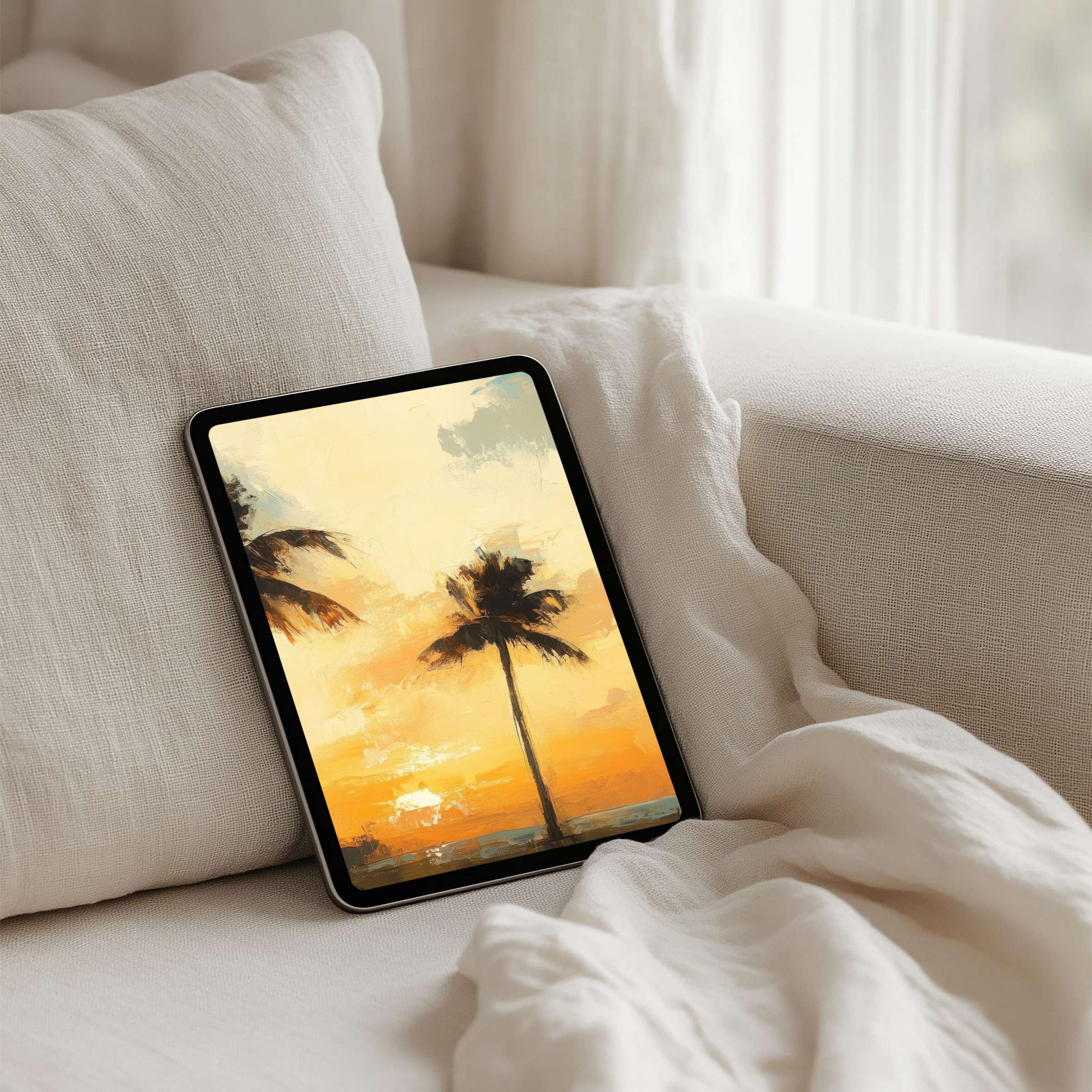 Serene sunset palm art iPad background radiates calm elegance on your tablet home screen instant download for tranquility seekers