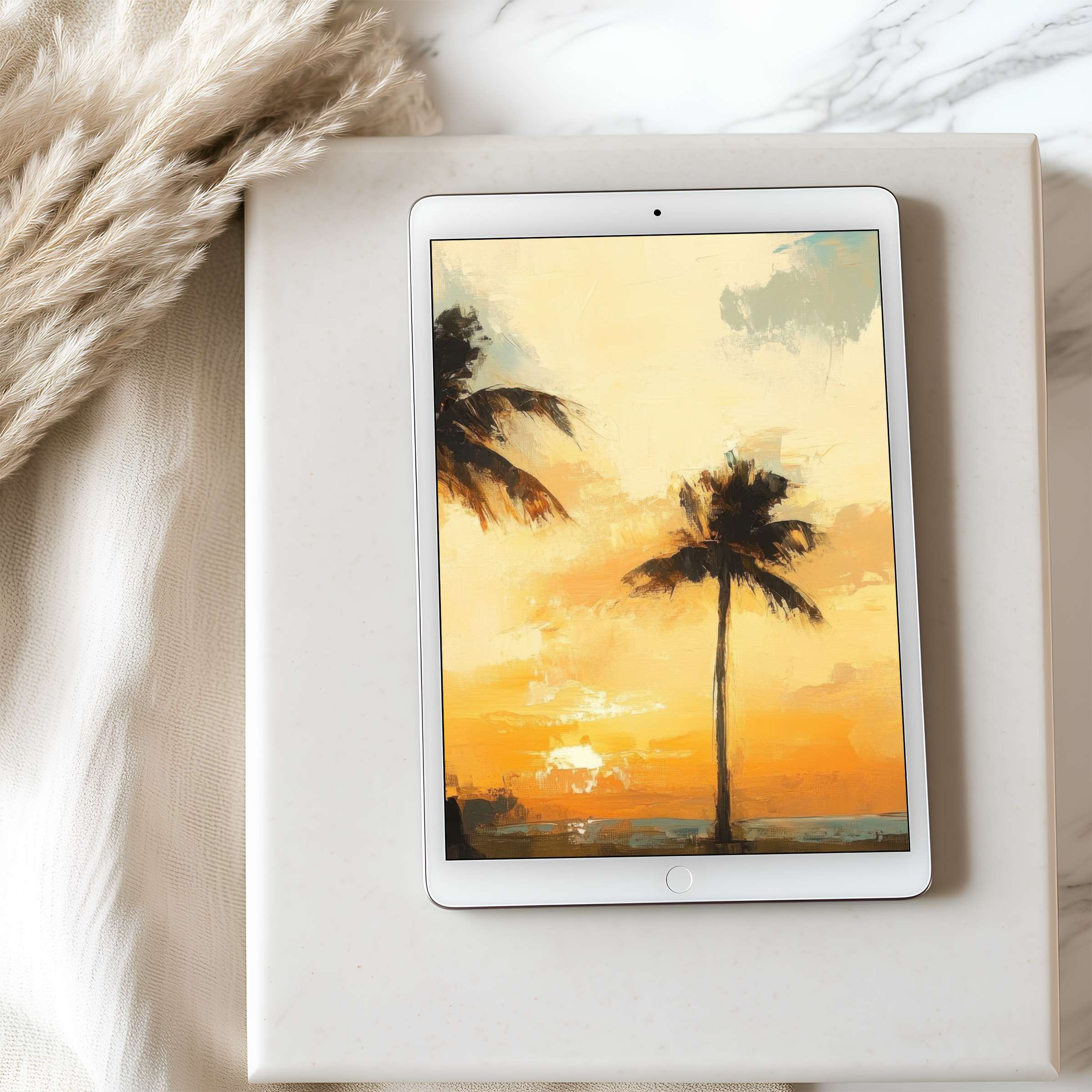Elegant sunset tablet wallpaper featuring palm trees in rich, warm hues set against a marble backdrop ideal for iPad download