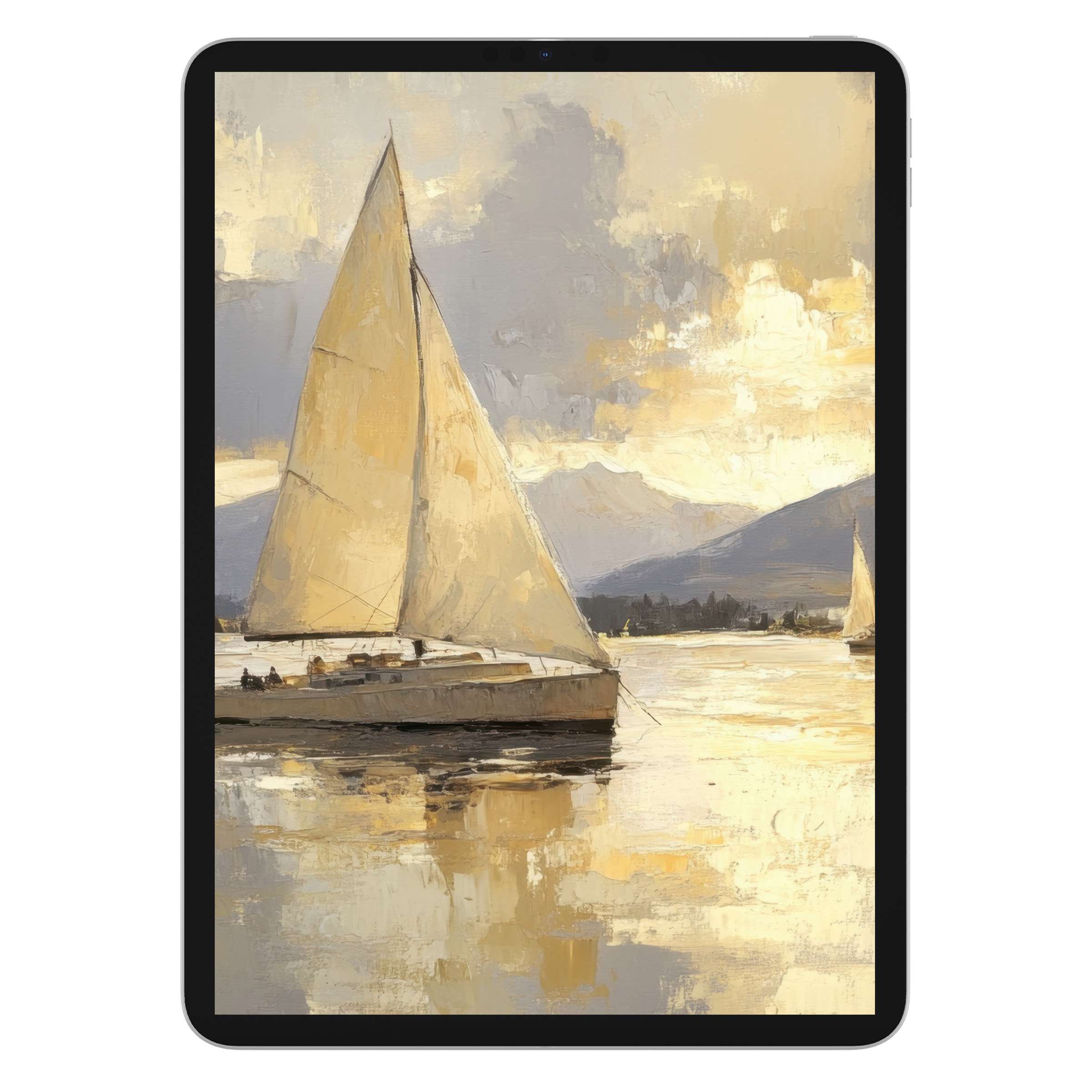 Tranquil beach iPad wallpaper featuring a sailboat with soft pastel tones ideal for tablet background digital download use