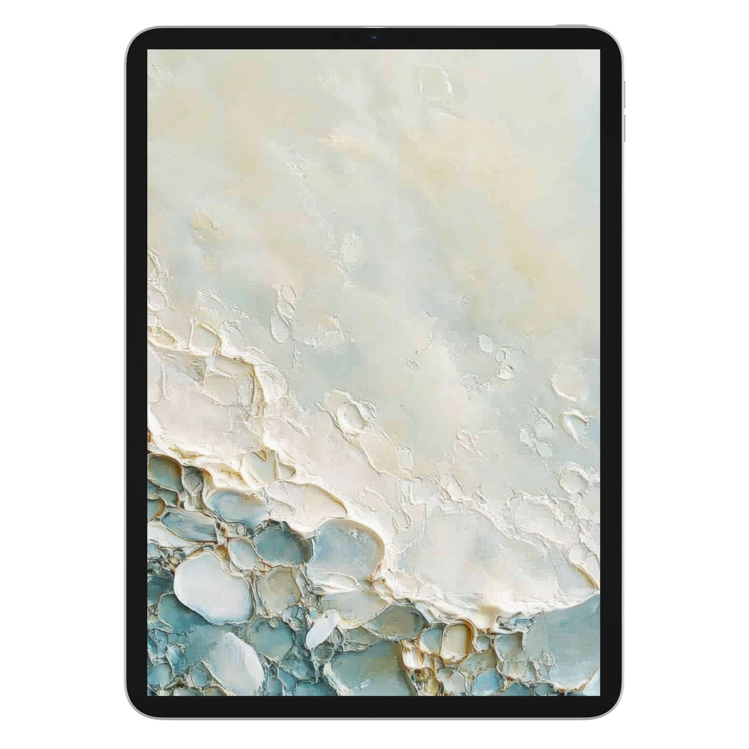 Elegant beach iPad wallpaper with serene blue and sand textures, ideal digital download for calming tablet background ambiance