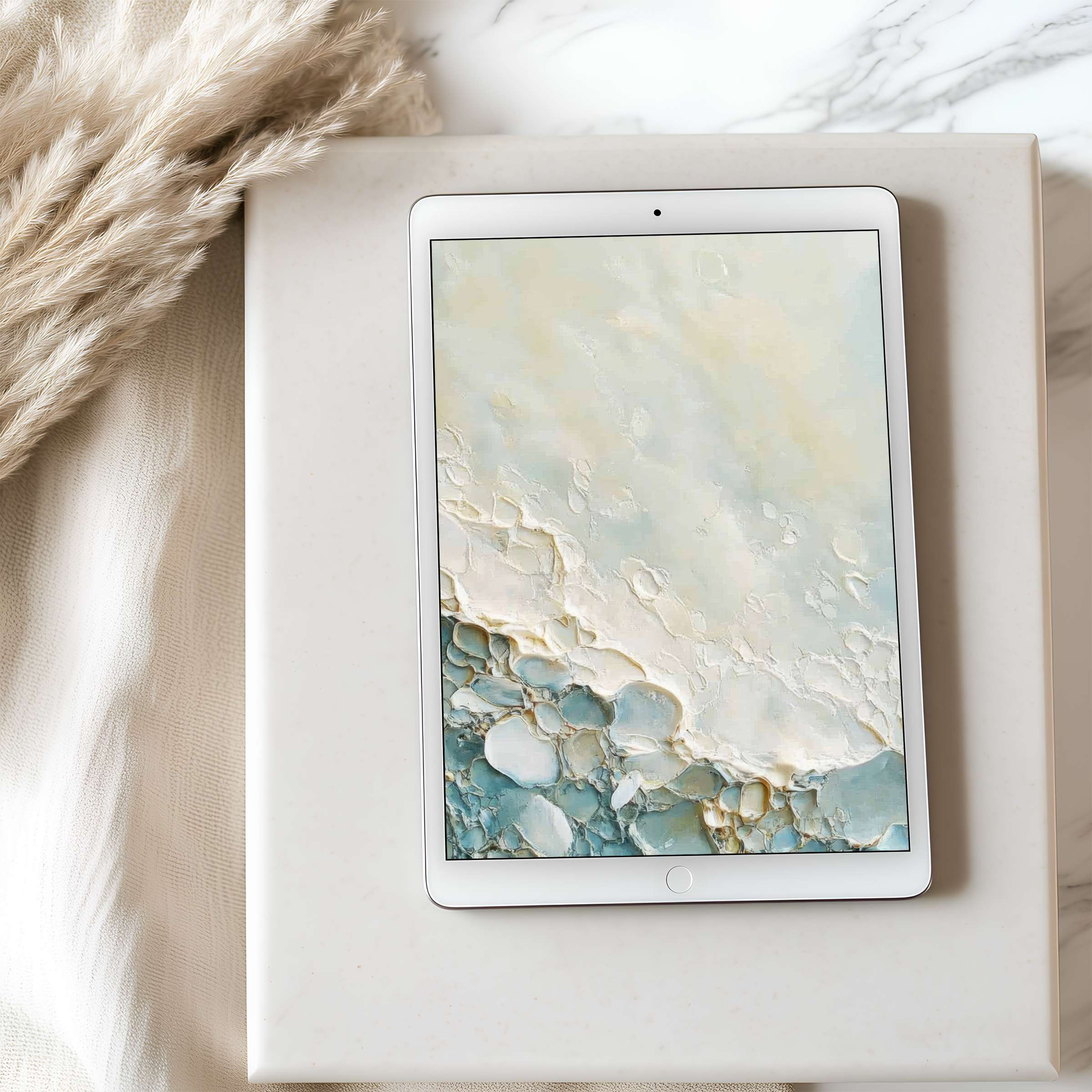 Elegant abstract tablet wallpaper in soothing earth tones and teal pebbles offers high resolution for iPad and Android tablets