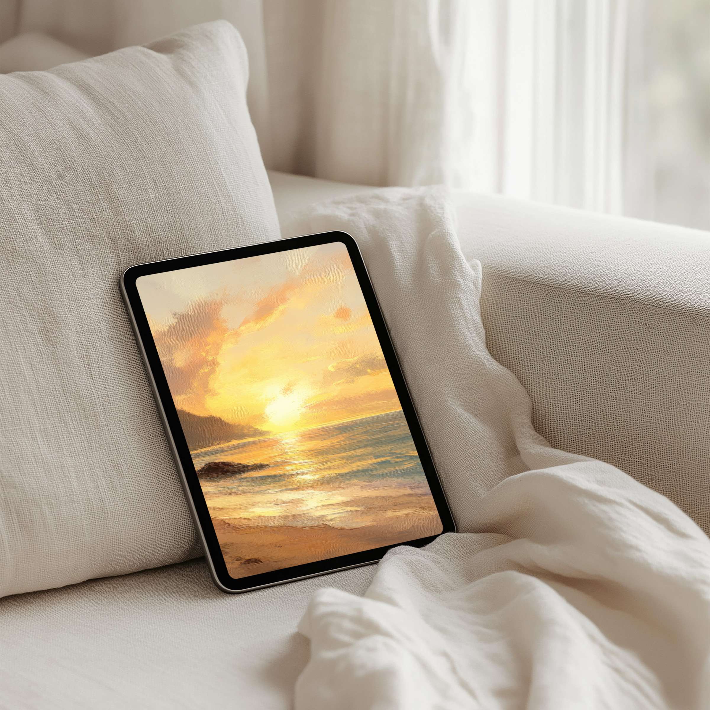 Elegant seascape painting creates a serene iPad background for your tablet bringing calm and inspiration with instant download