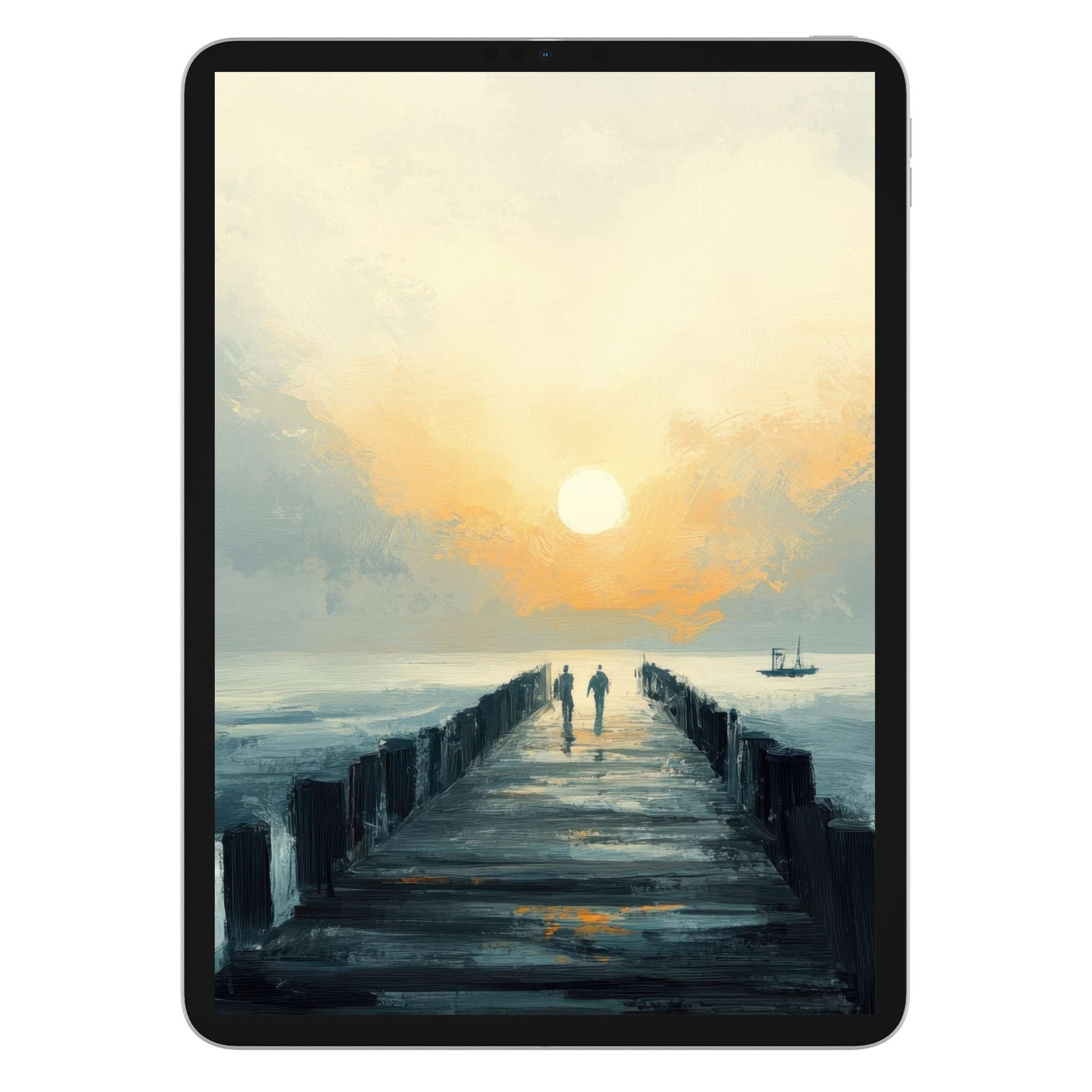 Serene sunset beach iPad wallpaper with a calming dock scene perfect as a digital download background for tablets and devices