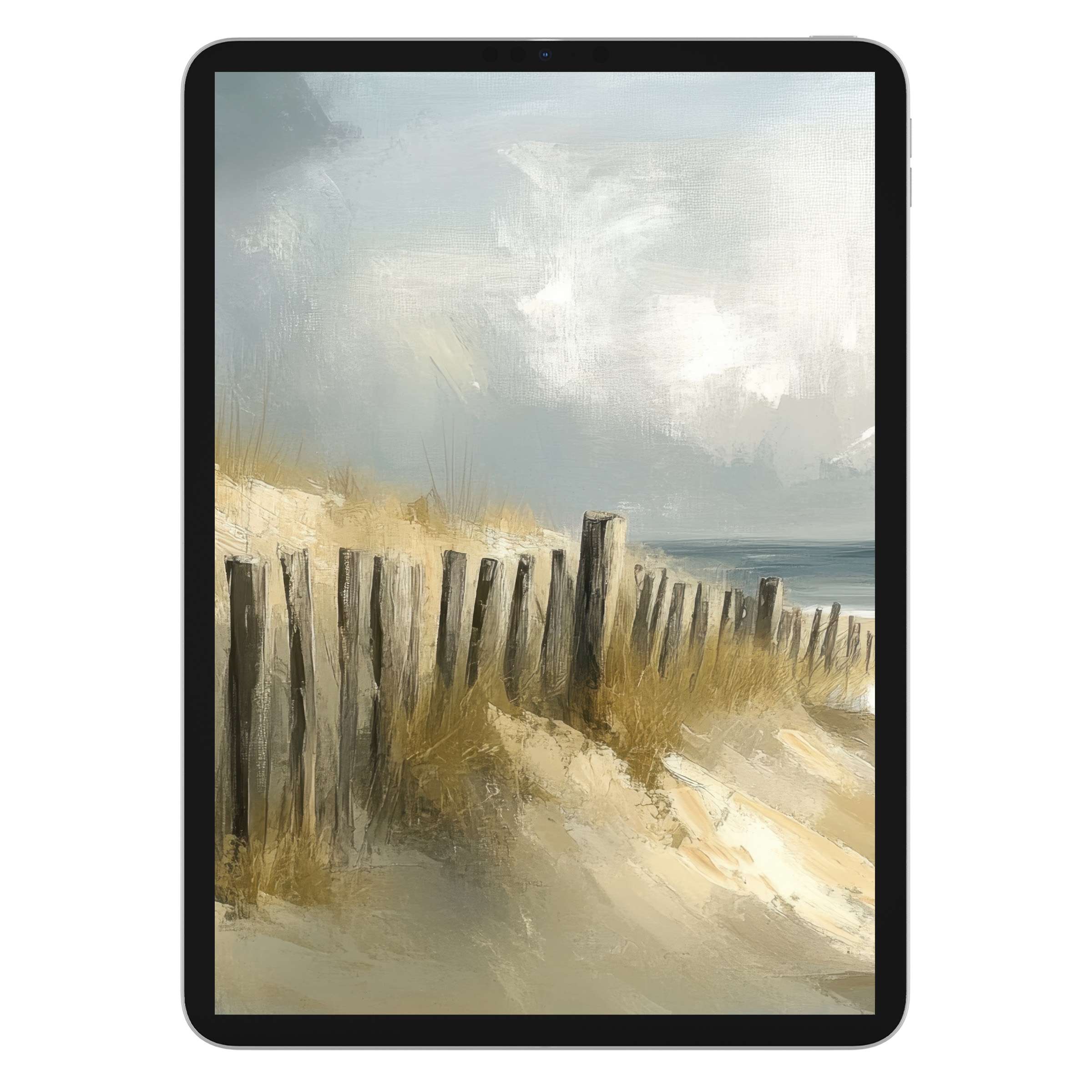 Serene beach iPad wallpaper featuring sandy dunes and a wooden fence, perfect digital download background for tablets with artistic flair