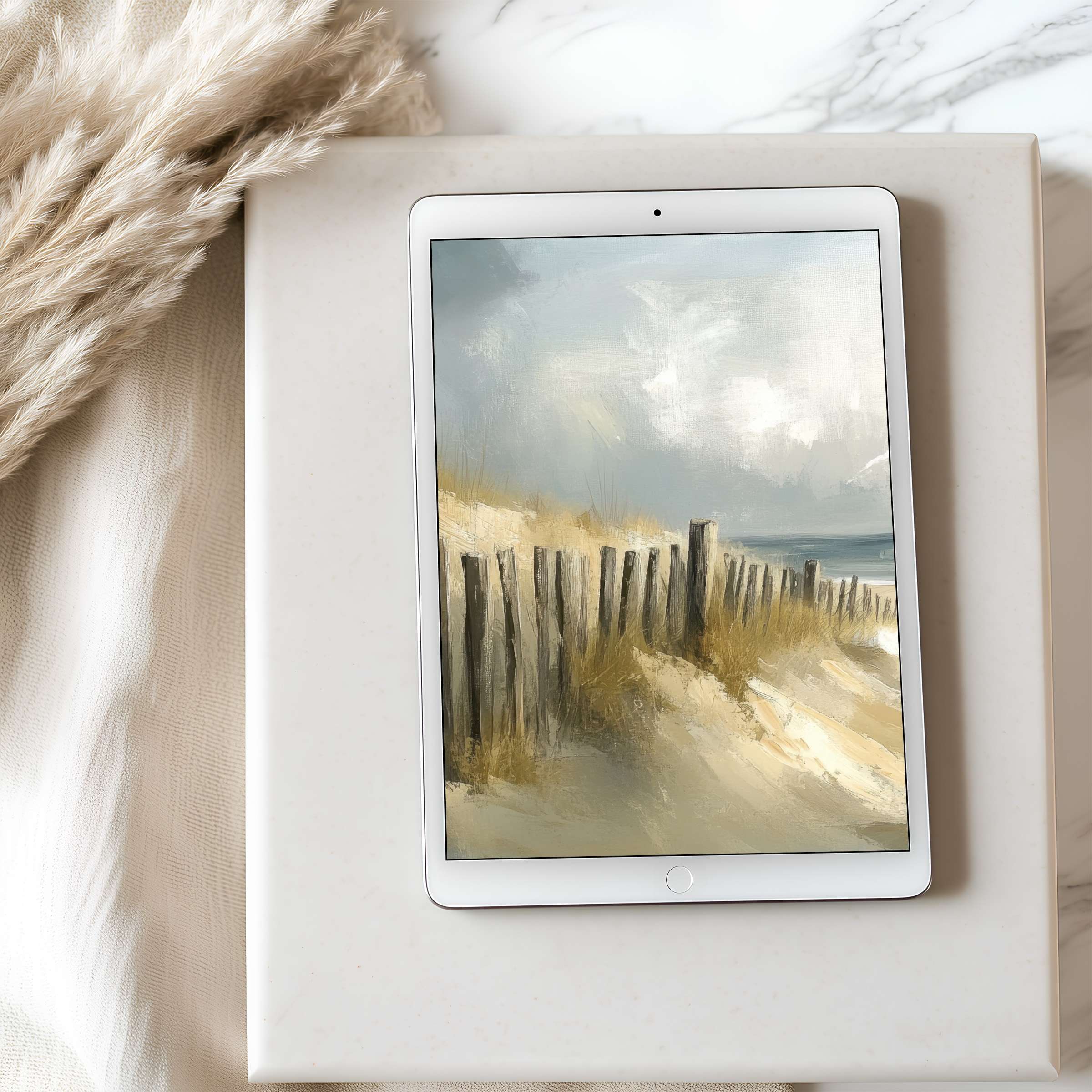 Sand dunes and sea motif tablet wallpaper in serene tones adds calm elegance to any iPad or Android device digital download