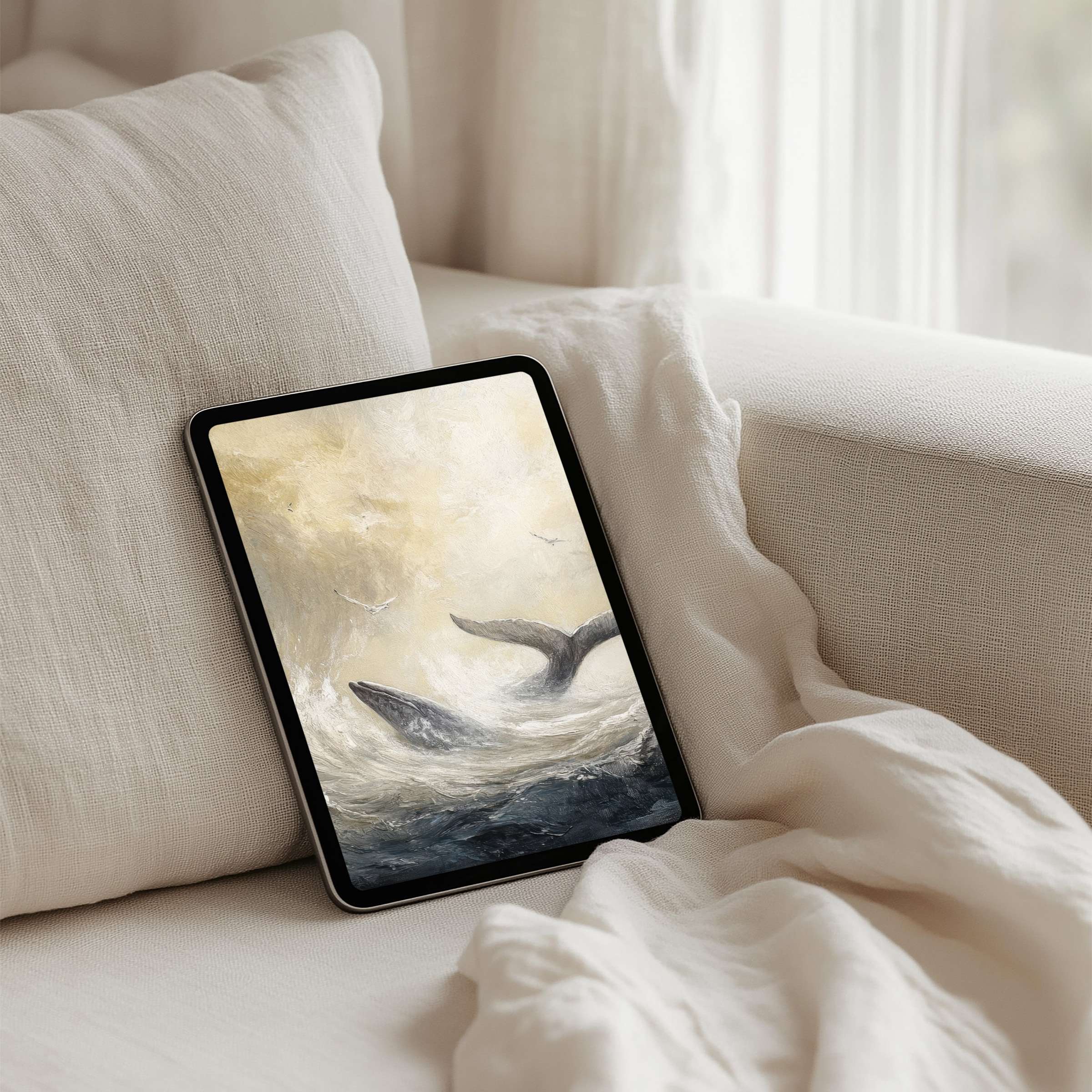 Elegant iPad background featuring serene whale art available for instant download perfect for mindfulness on any tablet