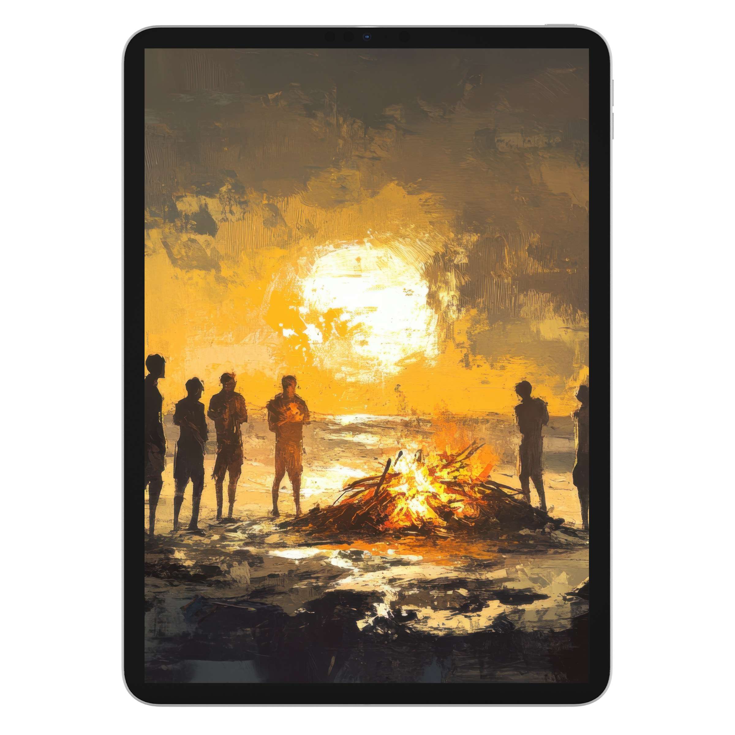 Vibrant beach iPad wallpaper featuring silhouettes by a sunset bonfire, perfect digital download background for tablets, serene and artistic