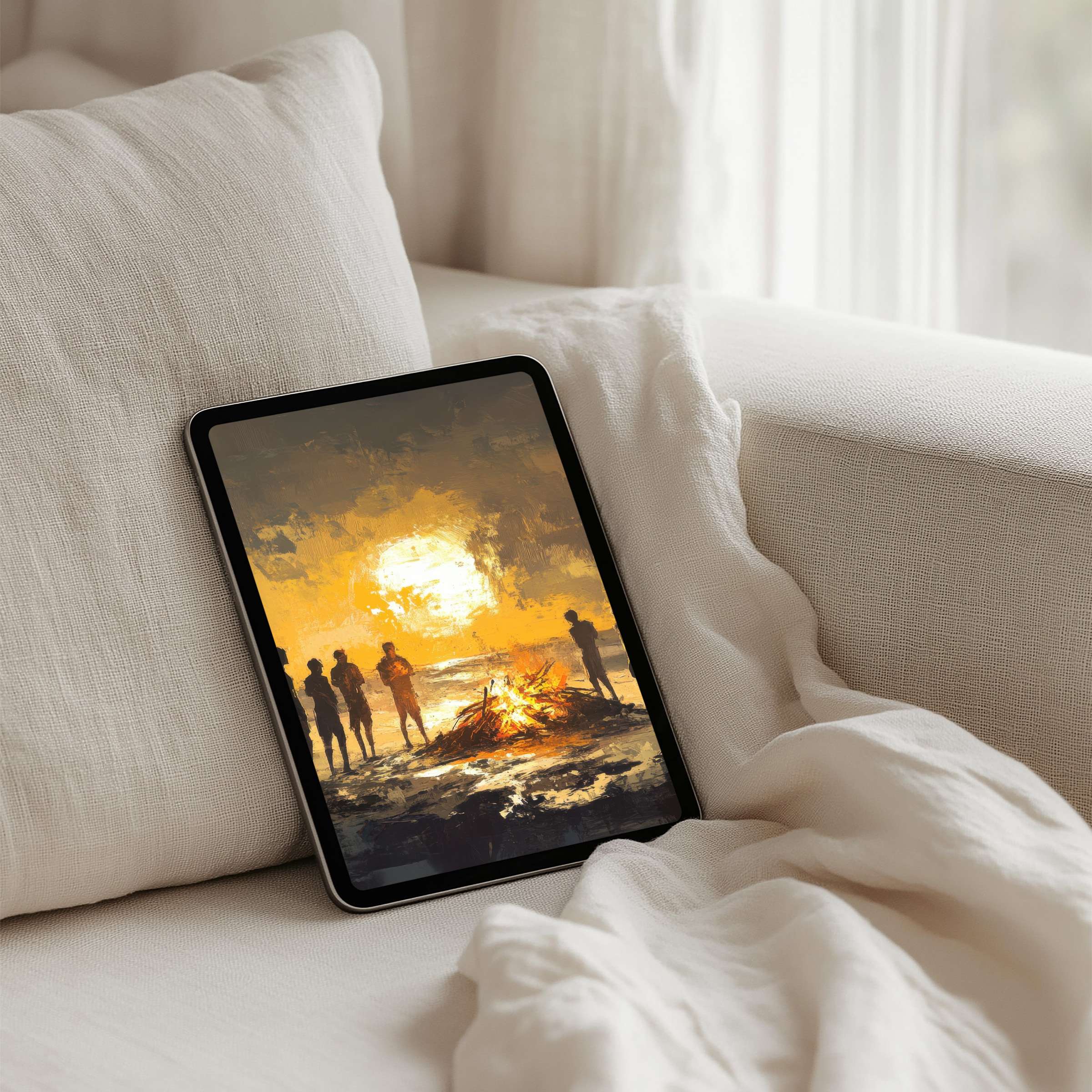 Elegant iPad background showcasing a serene sunset campfire scene perfect for instant download on any tablet device embodies calm inspiration