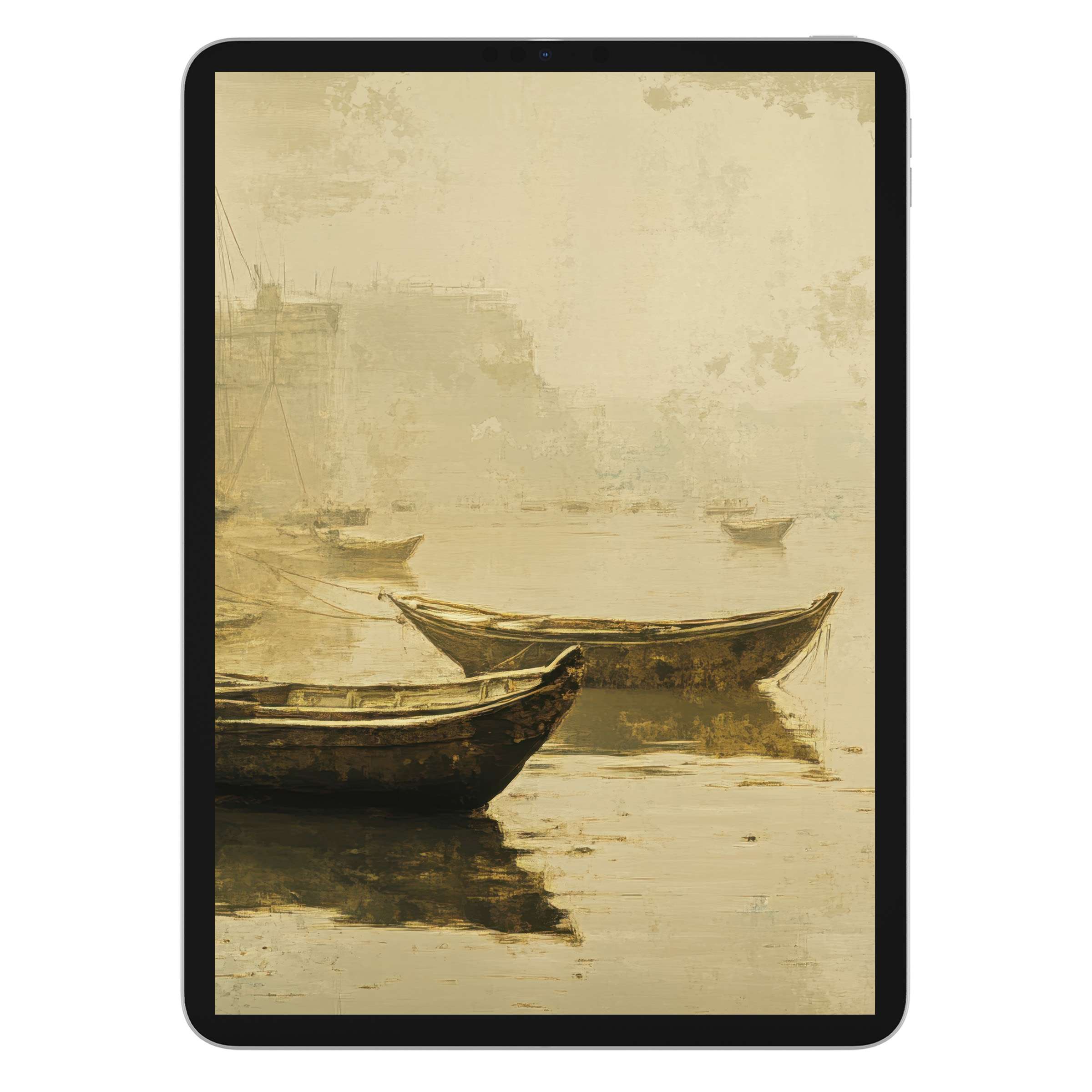 Serene beach iPad wallpaper with vintage boats on misty water, perfect digital download for elegant tablet background designs