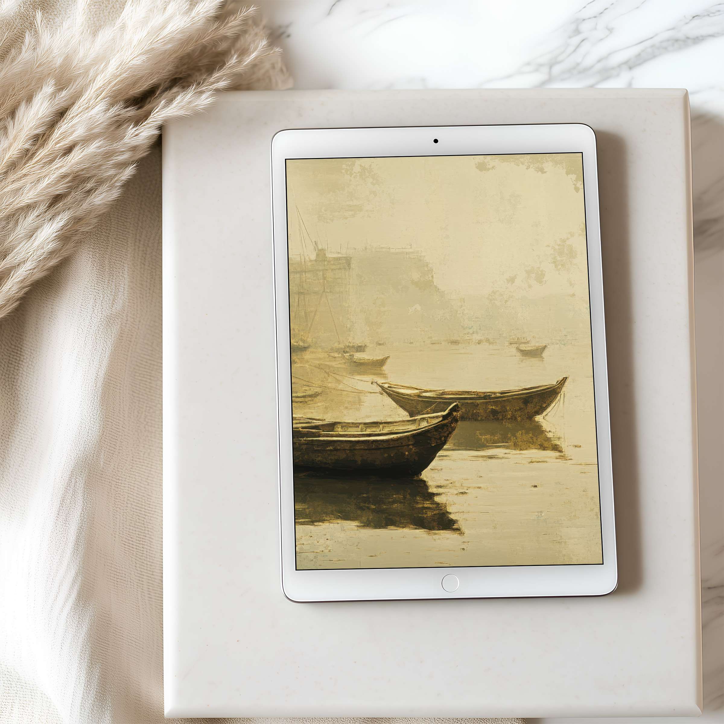 Elegant tablet wallpaper featuring serene boats on a golden misty river, perfect for iPad display and digital download lovers