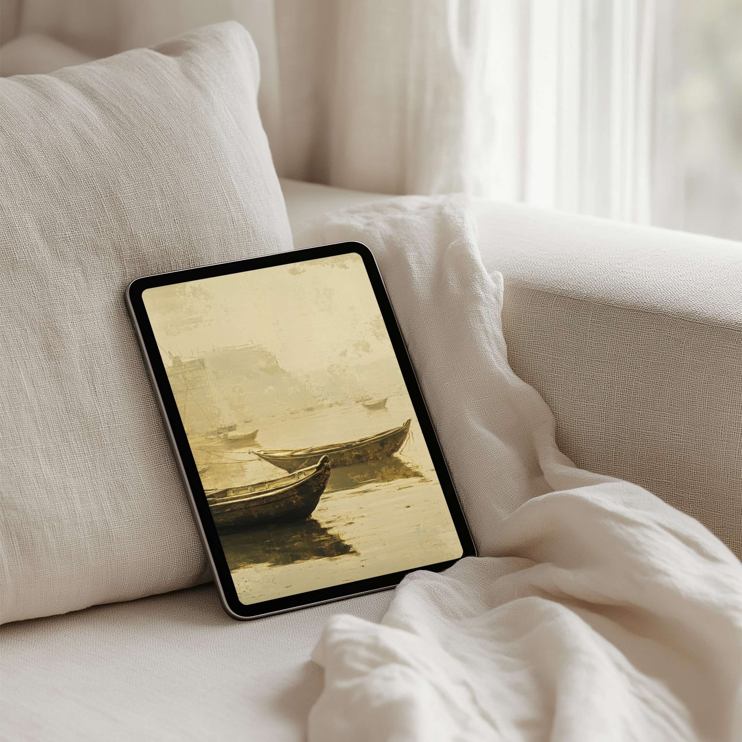Elegant iPad background with serene boat painting in warm tones offers instant download for any tablet enhancing calm spaces