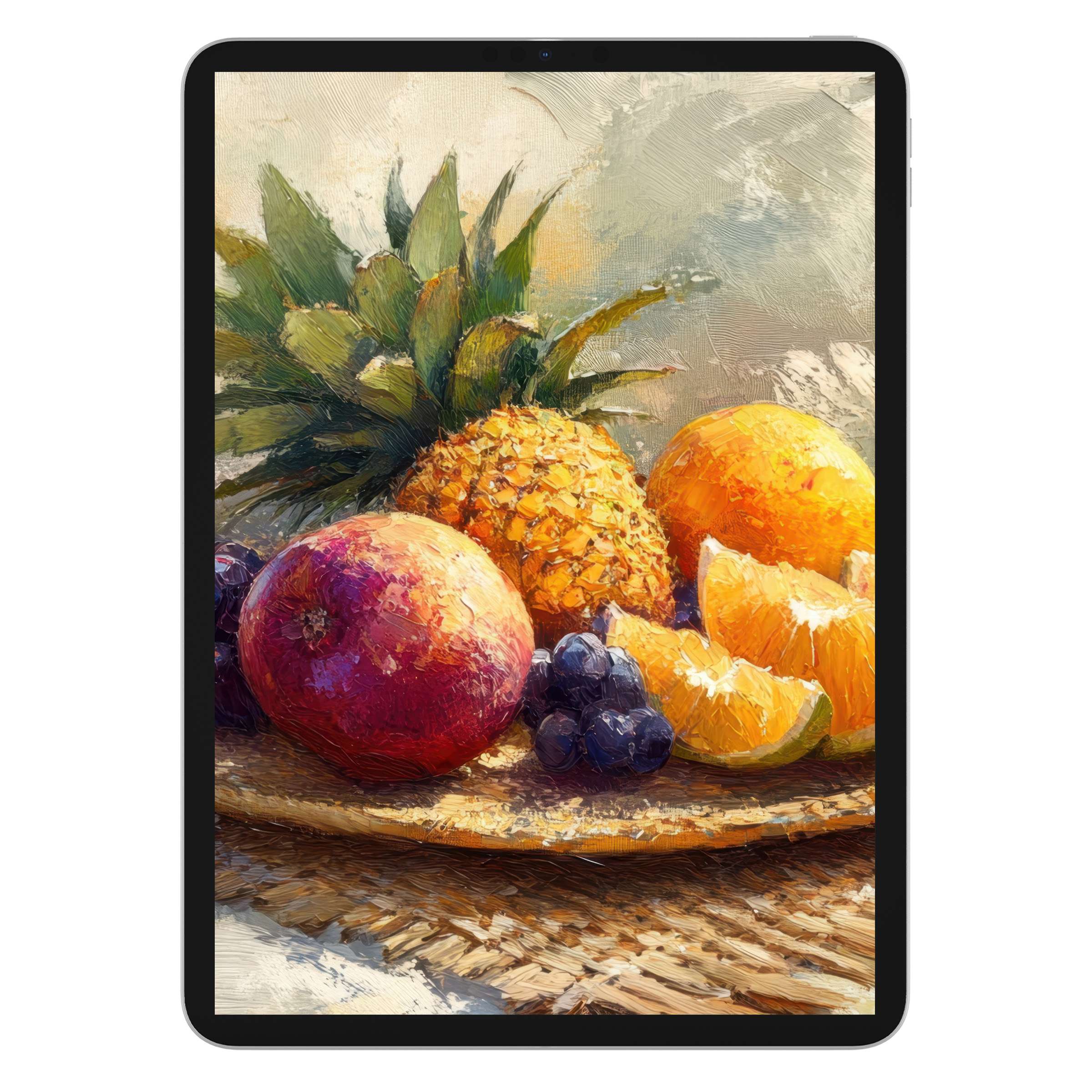 Elegant still life of vivid fruits on a textured beach iPad wallpaper combines digital download aesthetics, fitting tablet background use