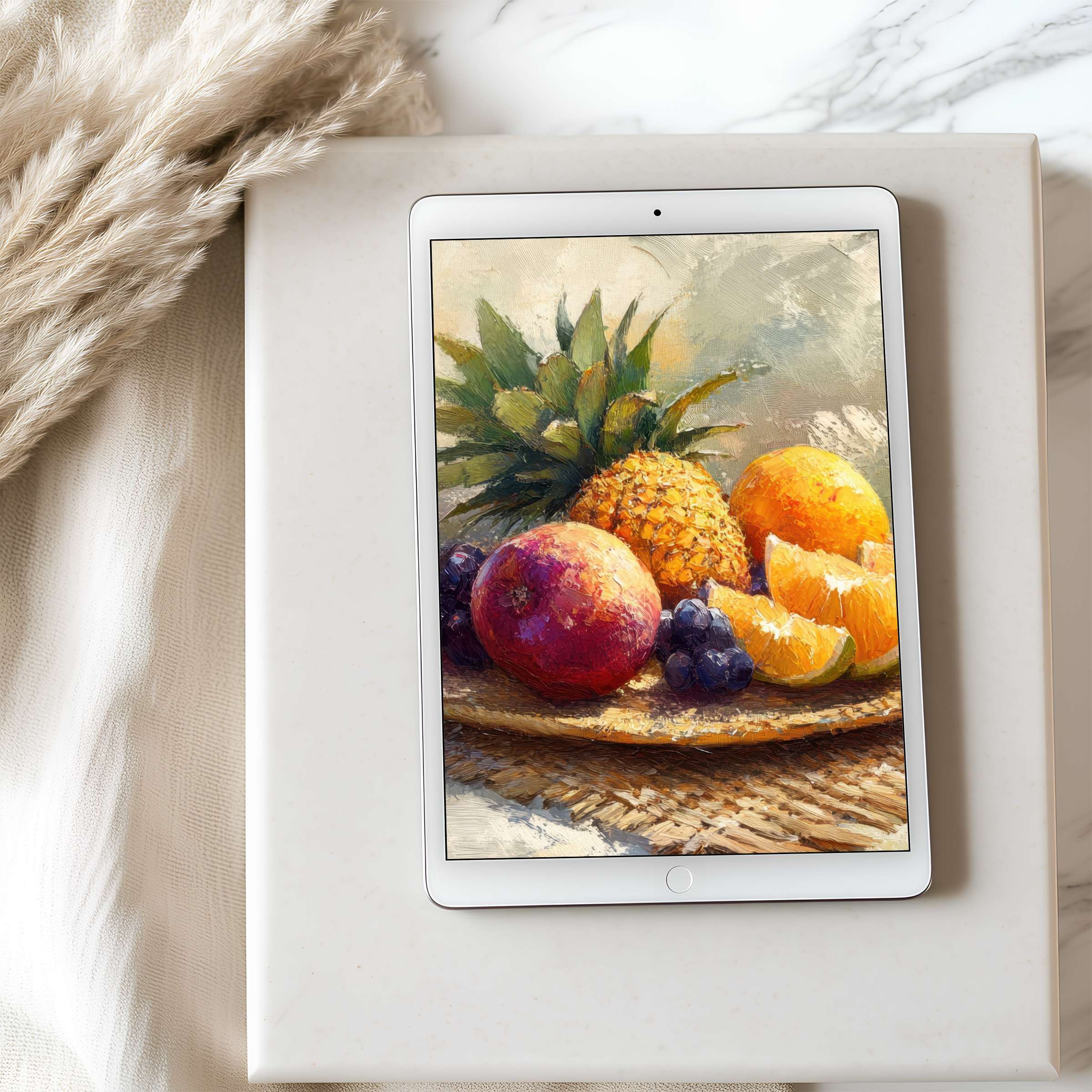 Elegant digital tablet wallpaper featuring a vibrant fruit still life in high resolution enhances aesthetic interiors with calming vibes