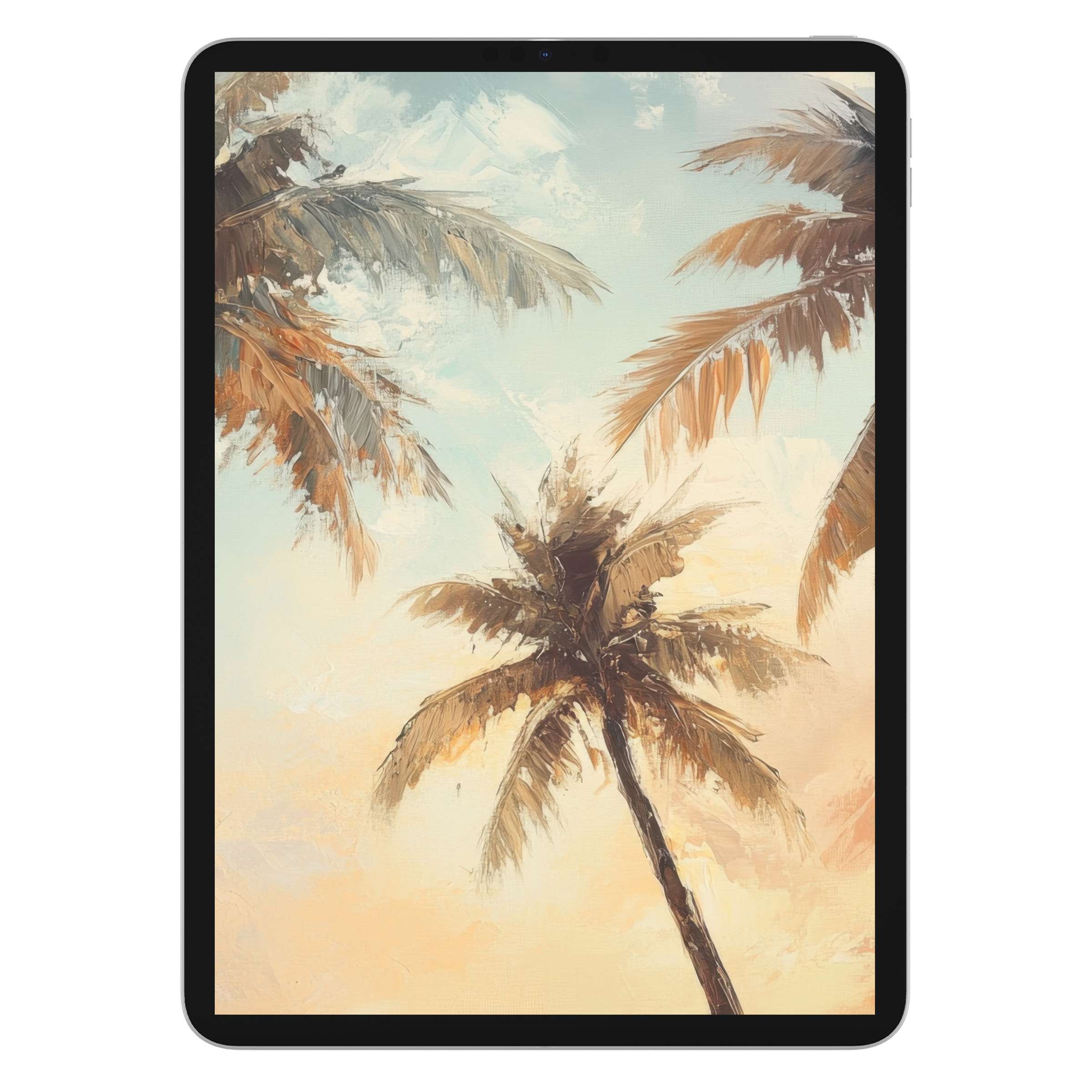 Serene beach iPad wallpaper showcasing elegant palm trees in soft pastel hues, ideal tablet background for digital download art lovers