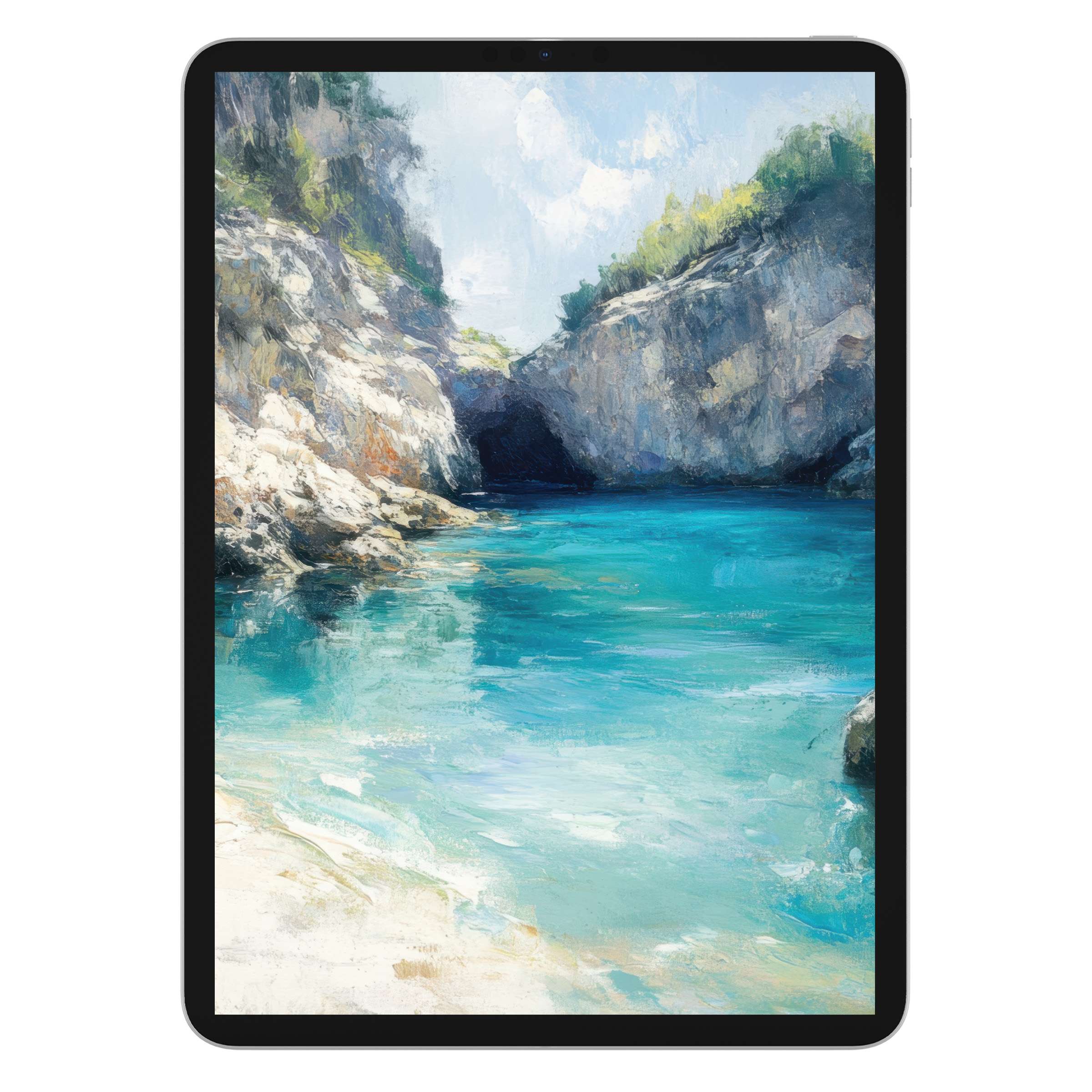 Elegant beach iPad wallpaper in soft pastels, perfect digital download for a calming tablet background, enhancing serene aesthetics