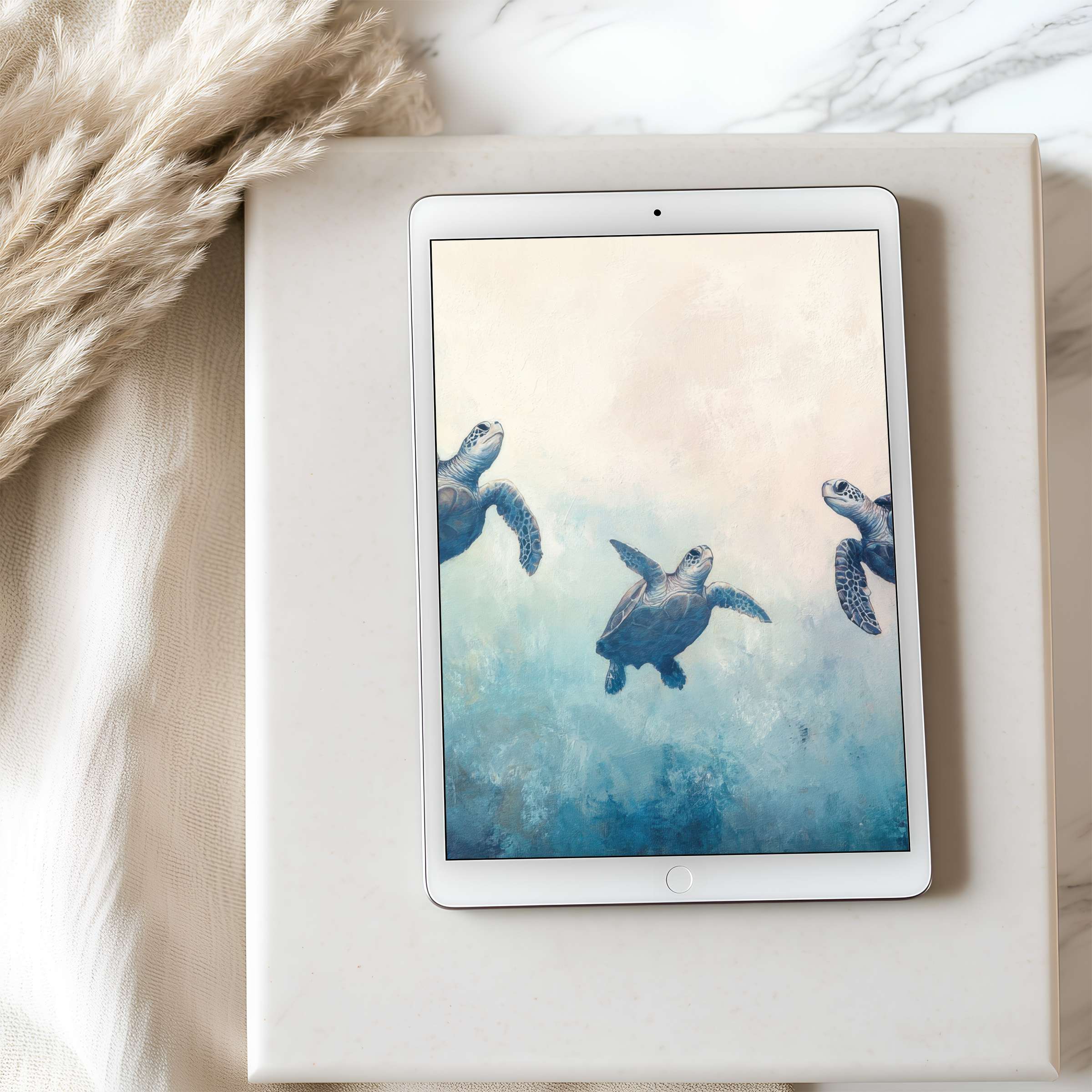Elegant tablet wallpaper featuring sea turtles gliding through serene blue hues perfect for curated iPad or Android homescreens