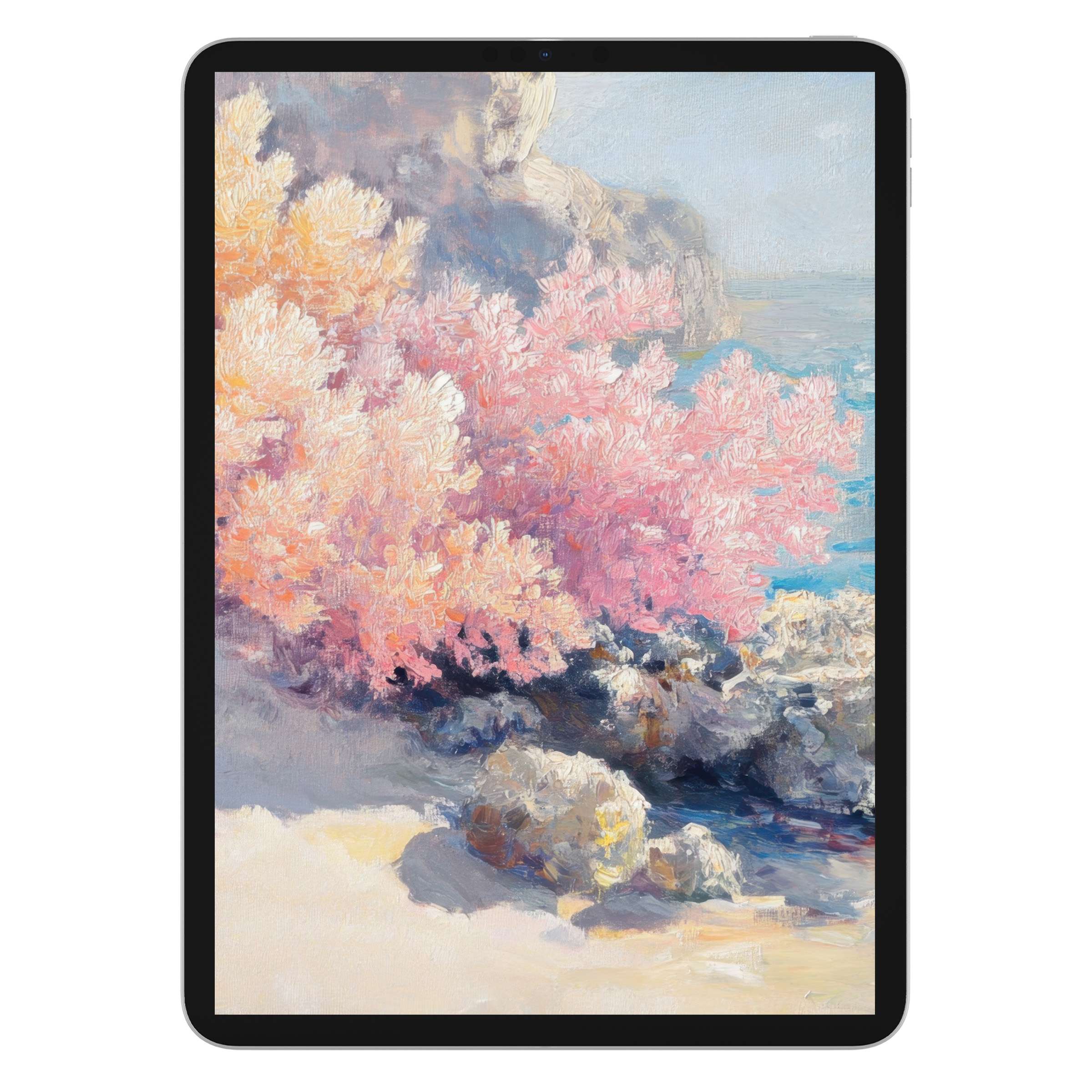 Elegant beach iPad wallpaper with pastel coral and sea rocks, perfect tablet background for a serene digital download experience
