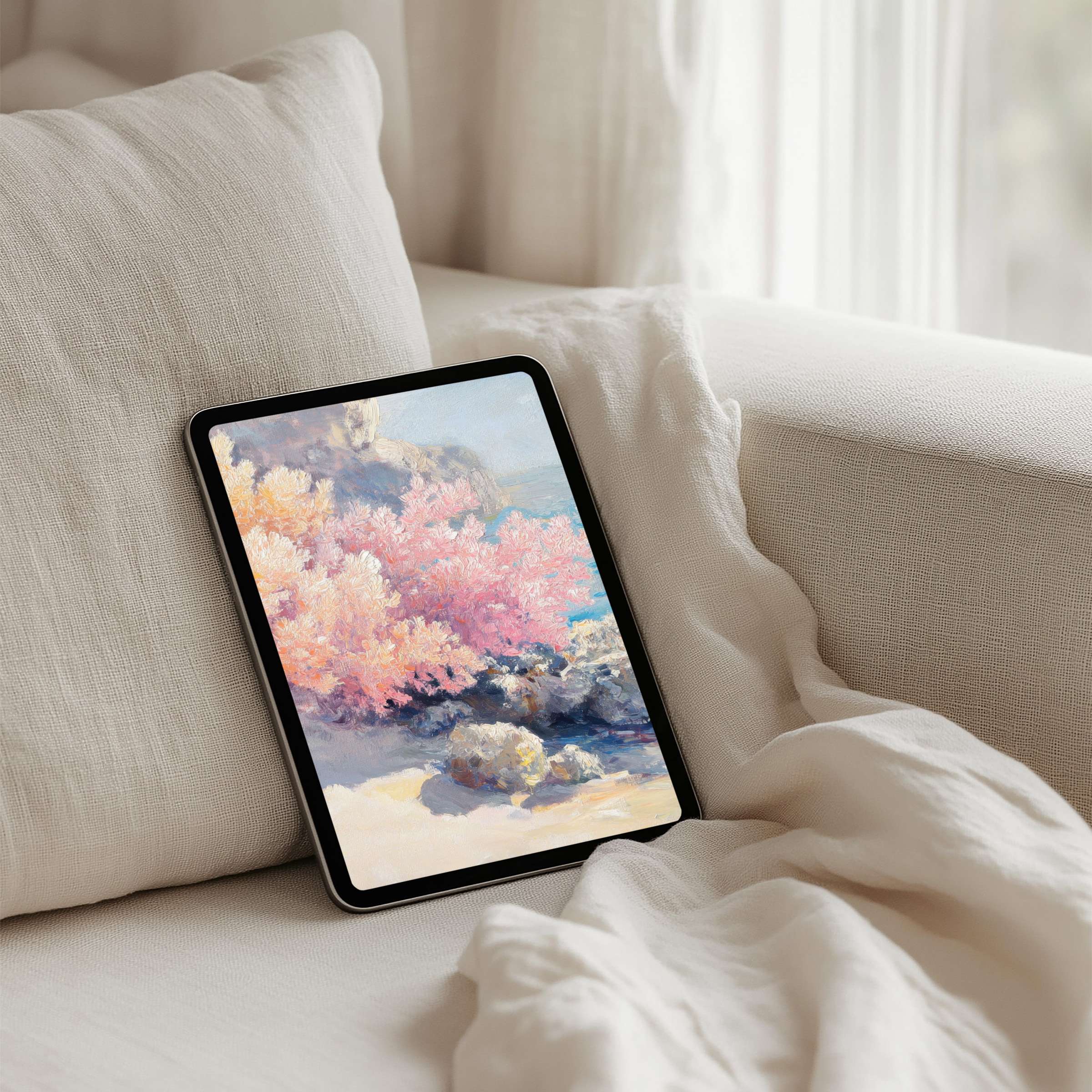 Elegant pastel seascape iPad background offers instant download for any tablet inspiring calm and mindfulness in serene interiors