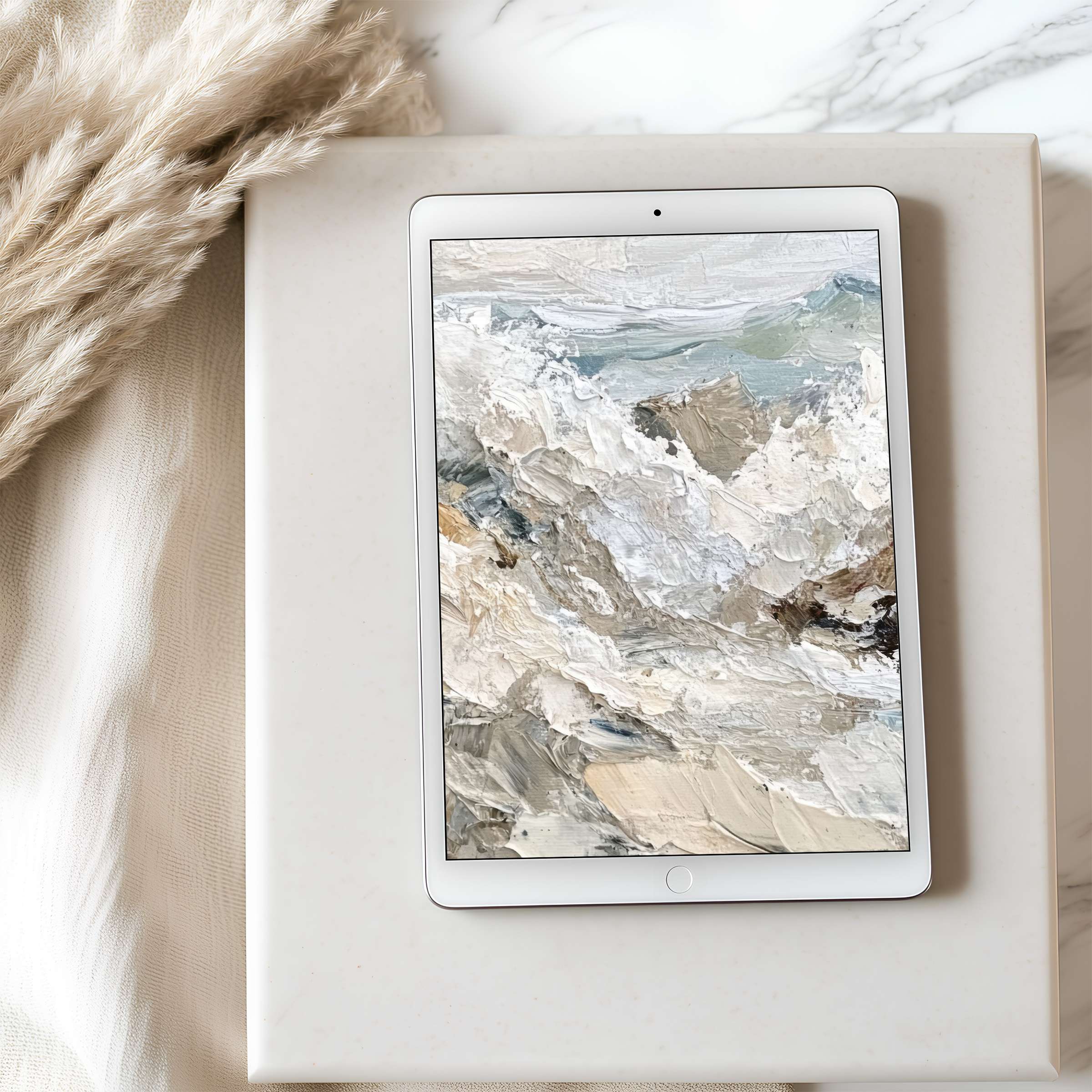 Elegant abstract tablet wallpaper in soft neutrals on an iPad, enhancing any space with calming aesthetics, perfect for digital download
