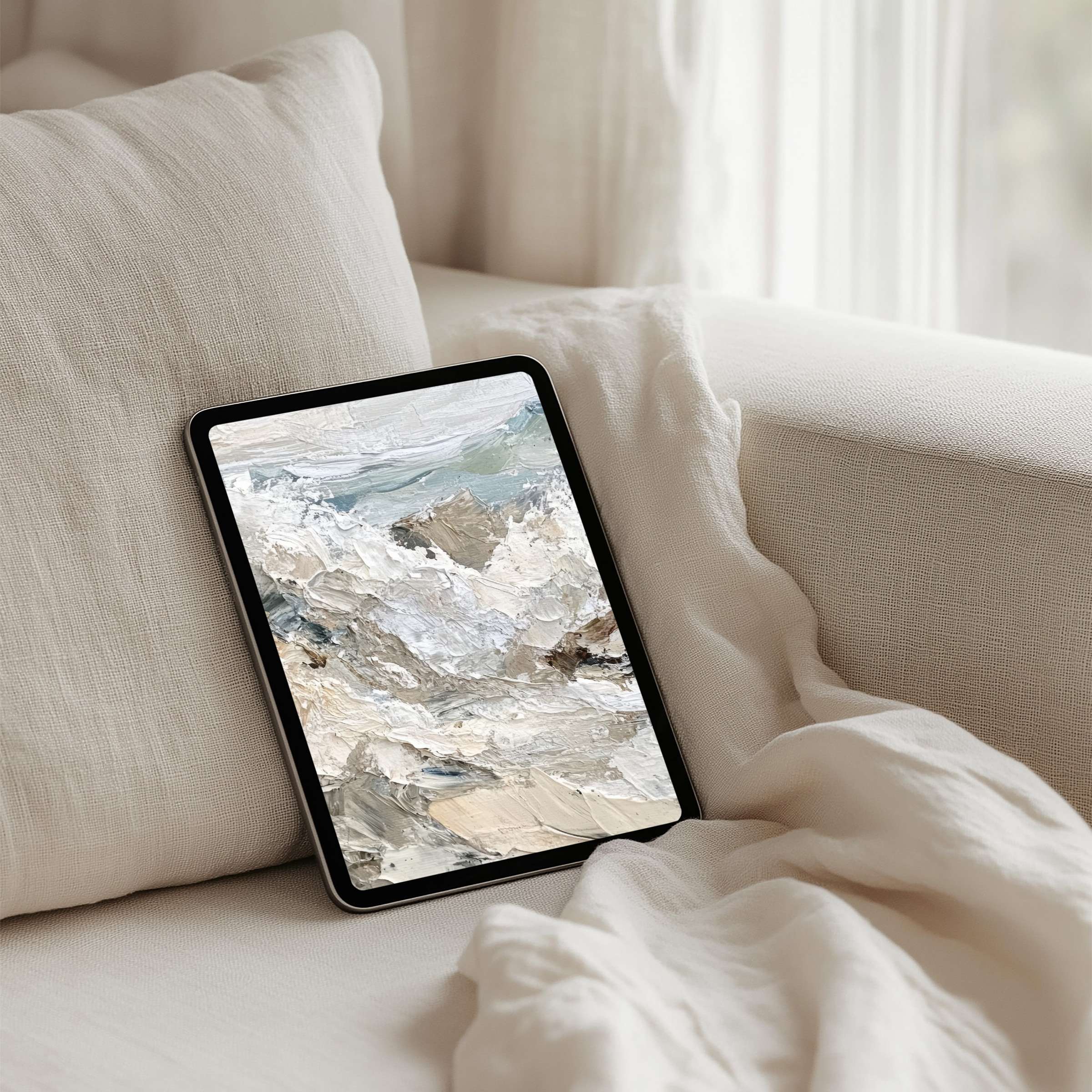 Elegant iPad background with tranquil abstract waves in soothing neutrals for instant download on tablets inspiring calm mindfulness