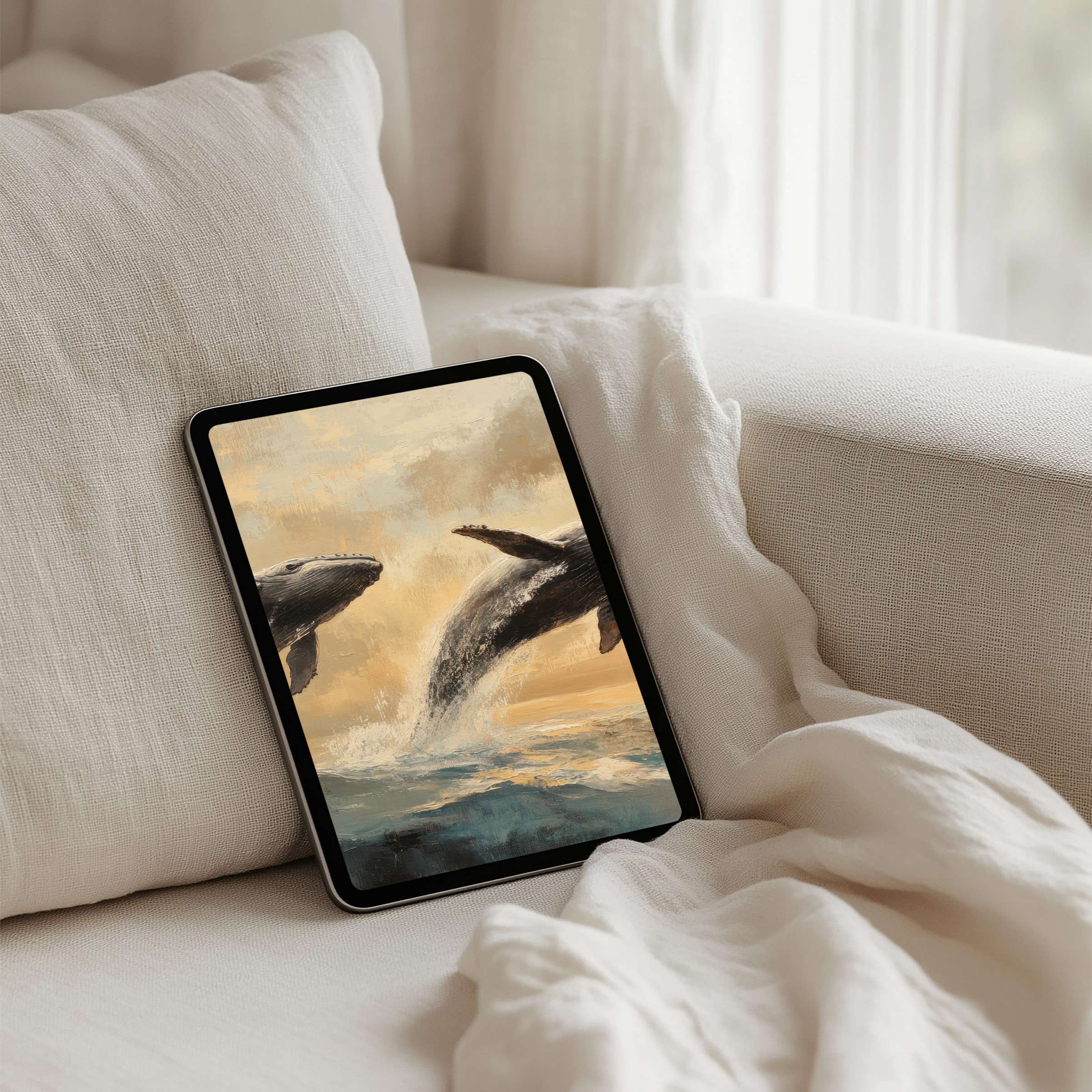 Elegant digital art of whales in soft tones offers calming iPad background for instant download on any tablet, inspiring mindfulness