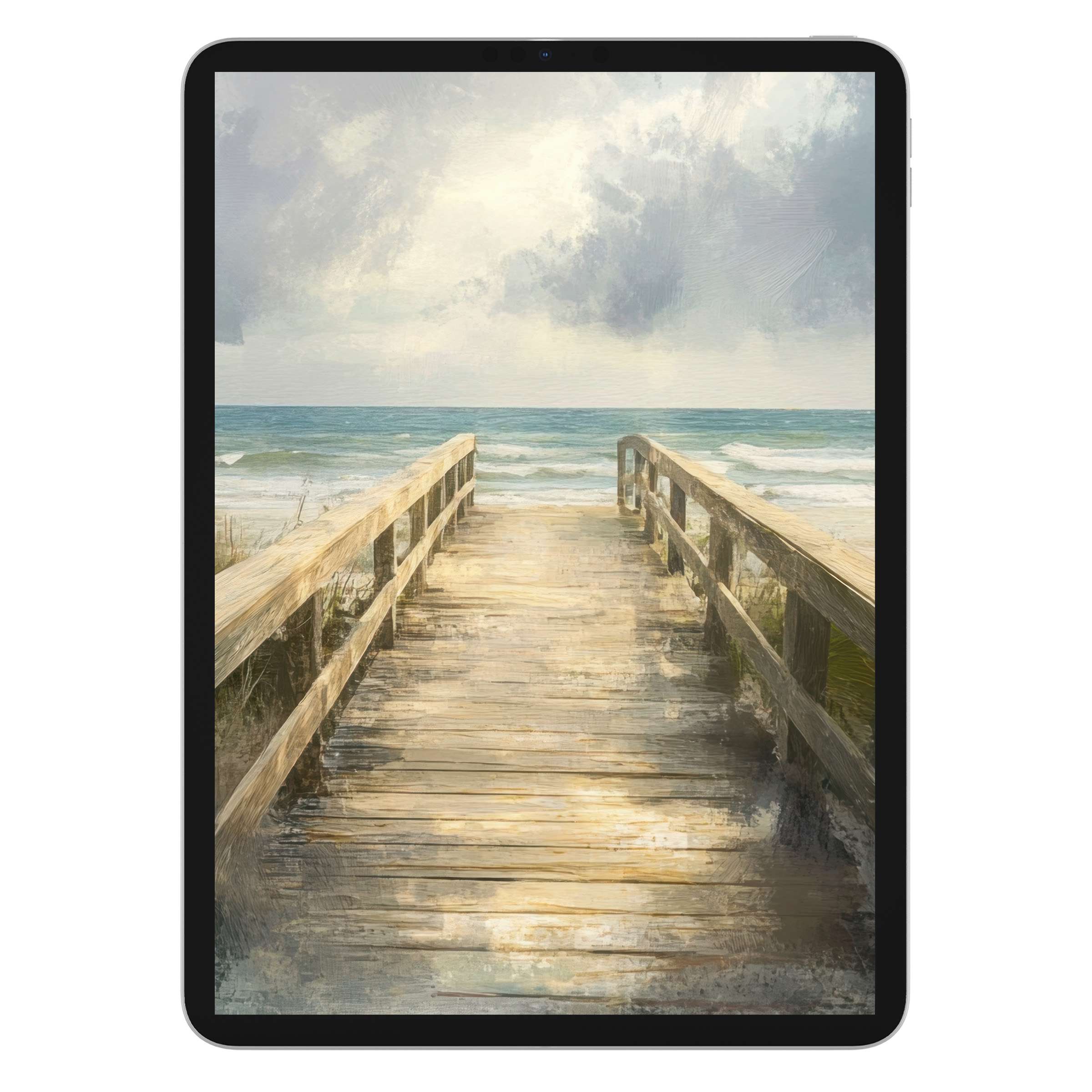 Serene digital download showcasing a coastal boardwalk under soft skies; perfect beach iPad wallpaper for calming tablet background