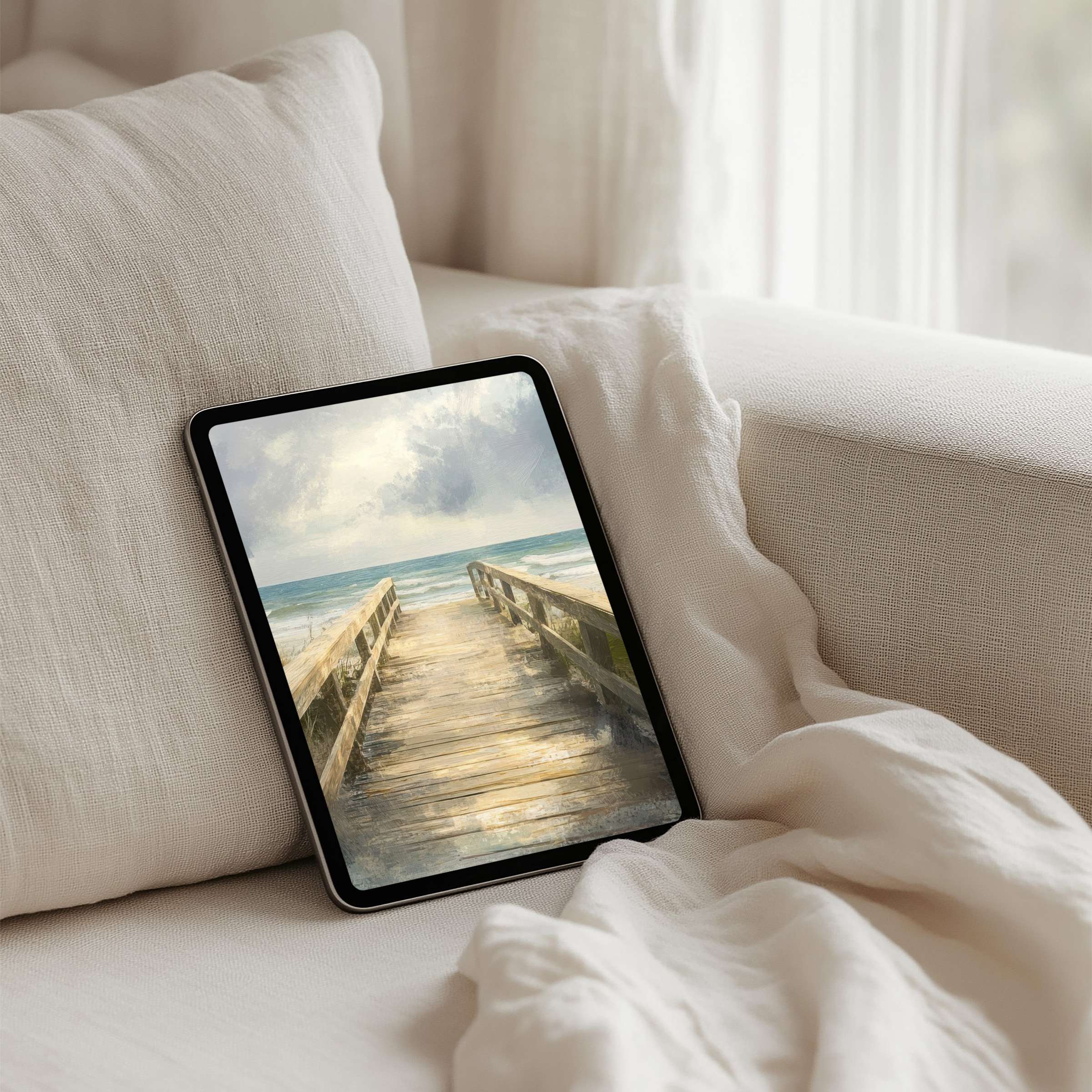 Serene ocean boardwalk painting in pastel hues on iPad background enhances calm and elegance with instant download for any tablet