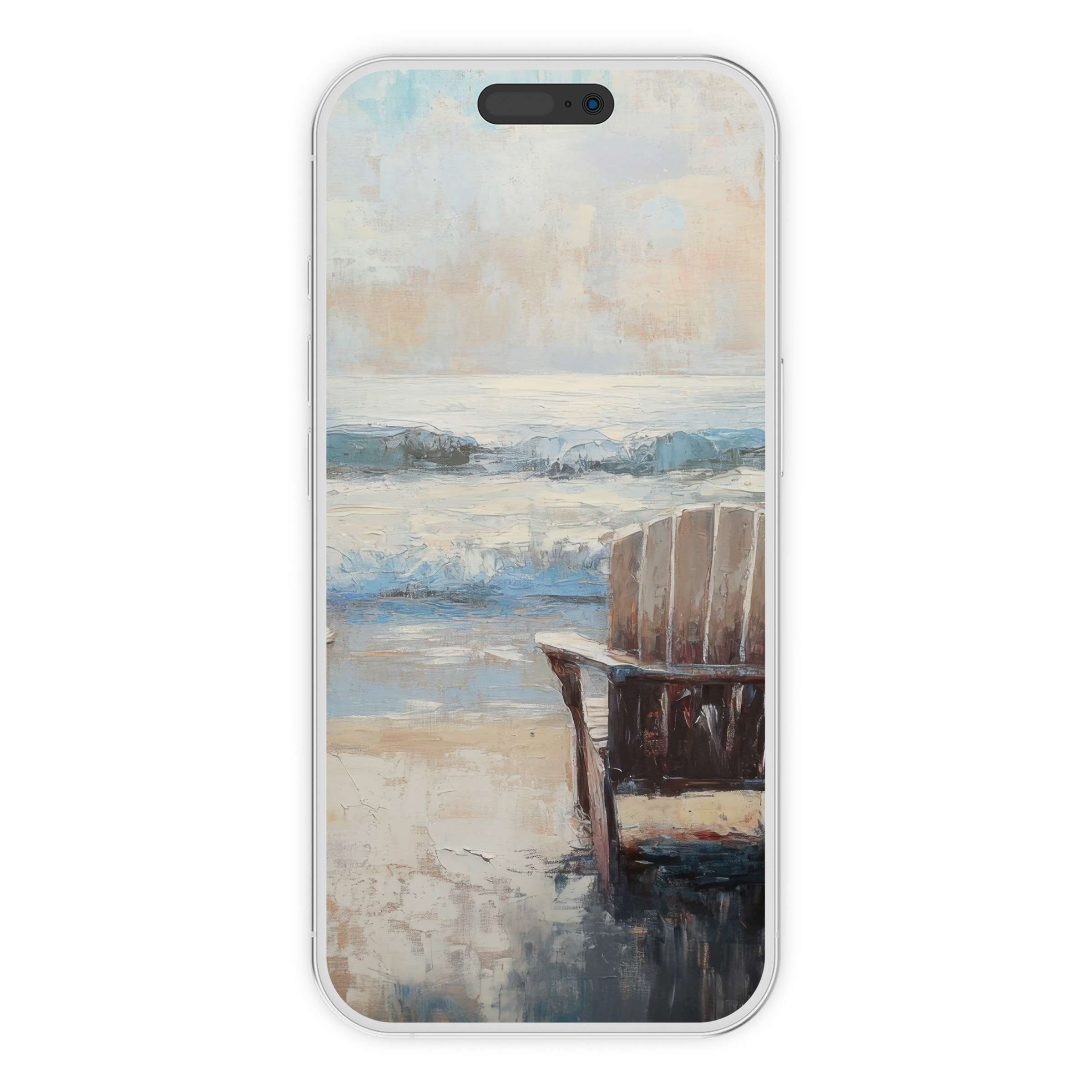 Beach iPhone wallpaper featuring a serene coastal view with a rustic chair and gentle waves for a calming phone background digital download
