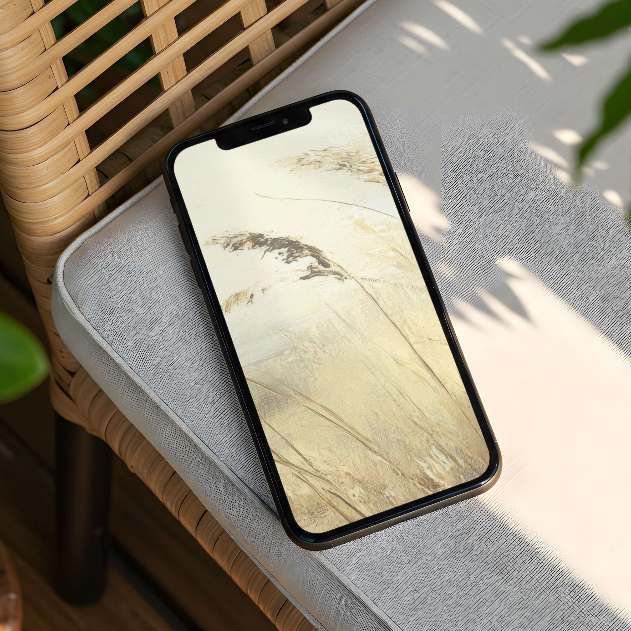 Elegant iPhone background with calming beige tones on phone screen offers instant download for mindful design-conscious users