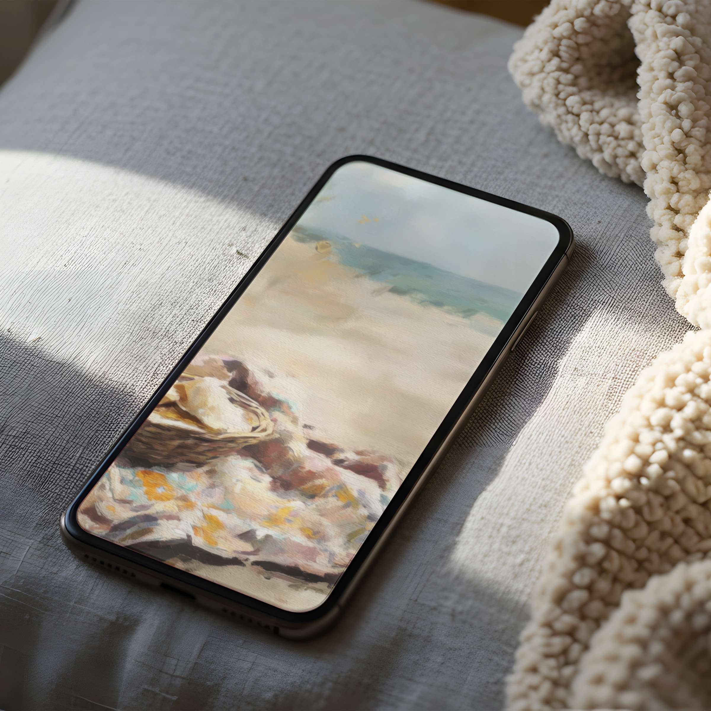 Elegant phone wallpaper featuring serene beach art with soft pastels and texture, perfect for iPhone and Android digital download