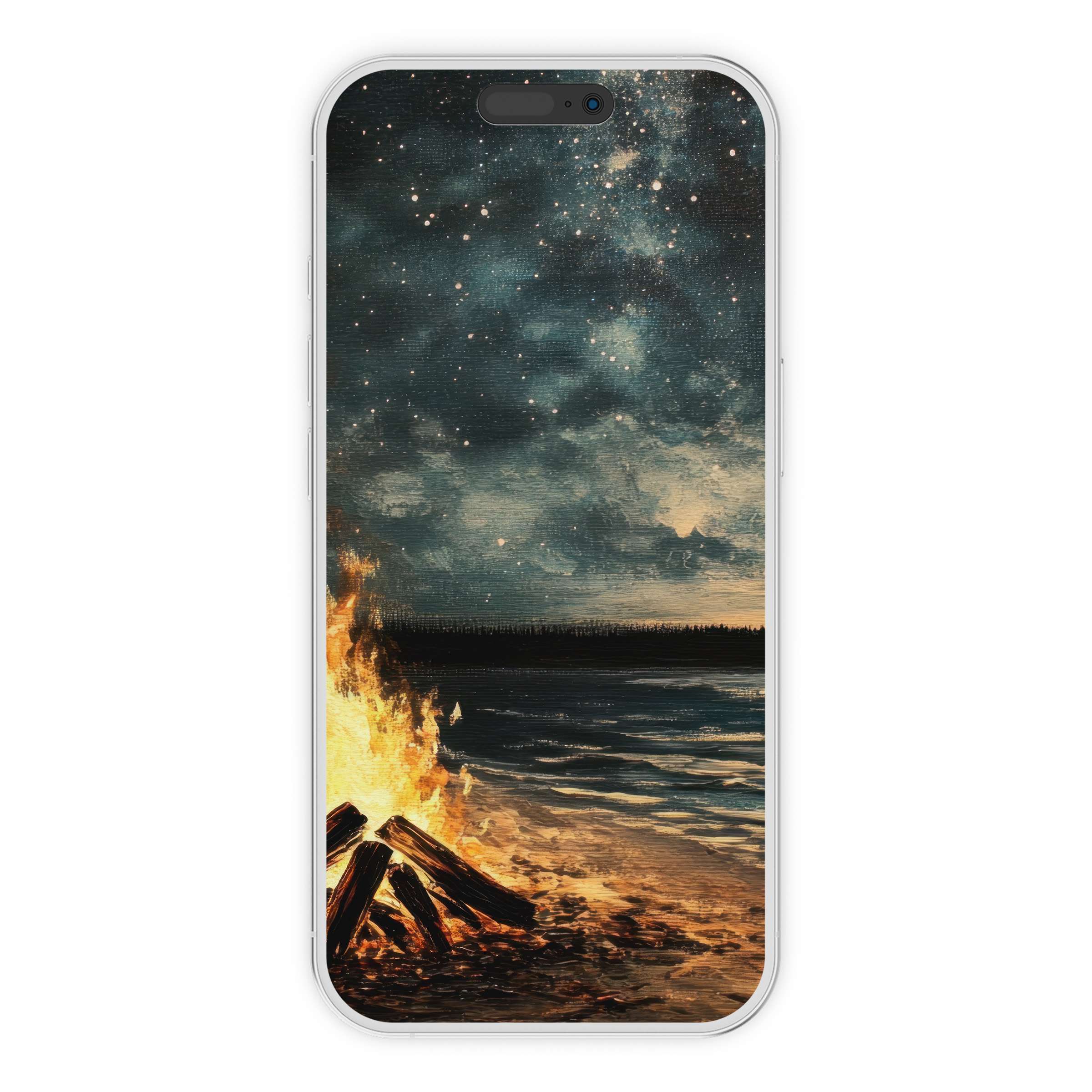 Beach iPhone wallpaper featuring a serene campfire under starlit skies offers a digital download phone background for tranquility