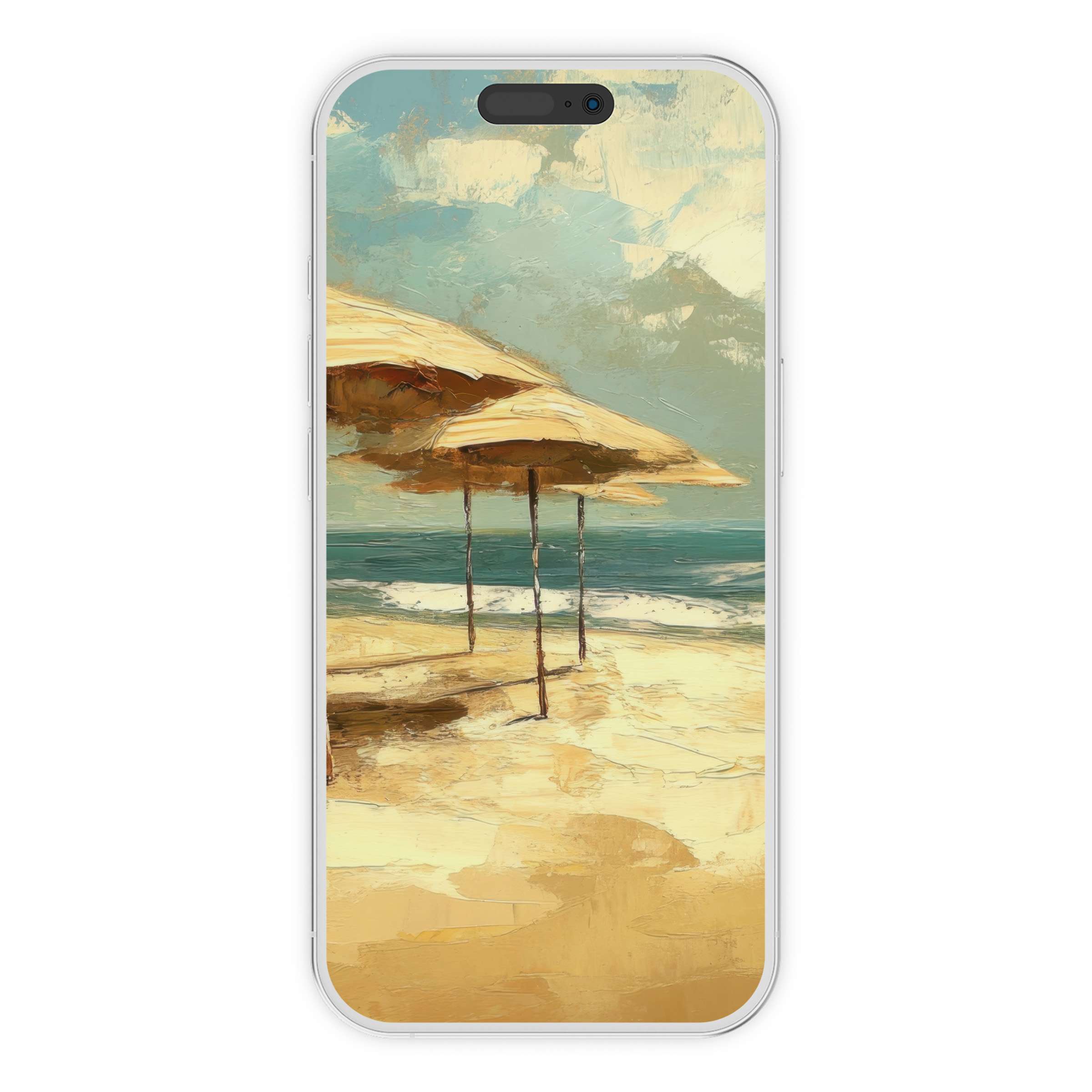 Calming beach iPhone wallpaper with artistic umbrellas and serene ocean view, perfect digital download phone background, eco-friendly choice