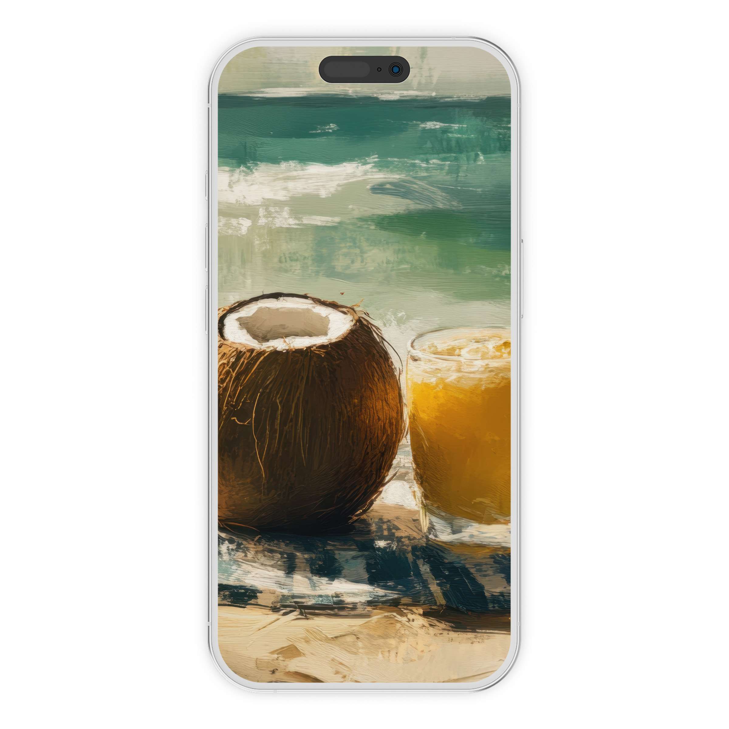 Tranquil beach iPhone wallpaper with coconut and juice art, perfect phone background for digital download, calming and stylish