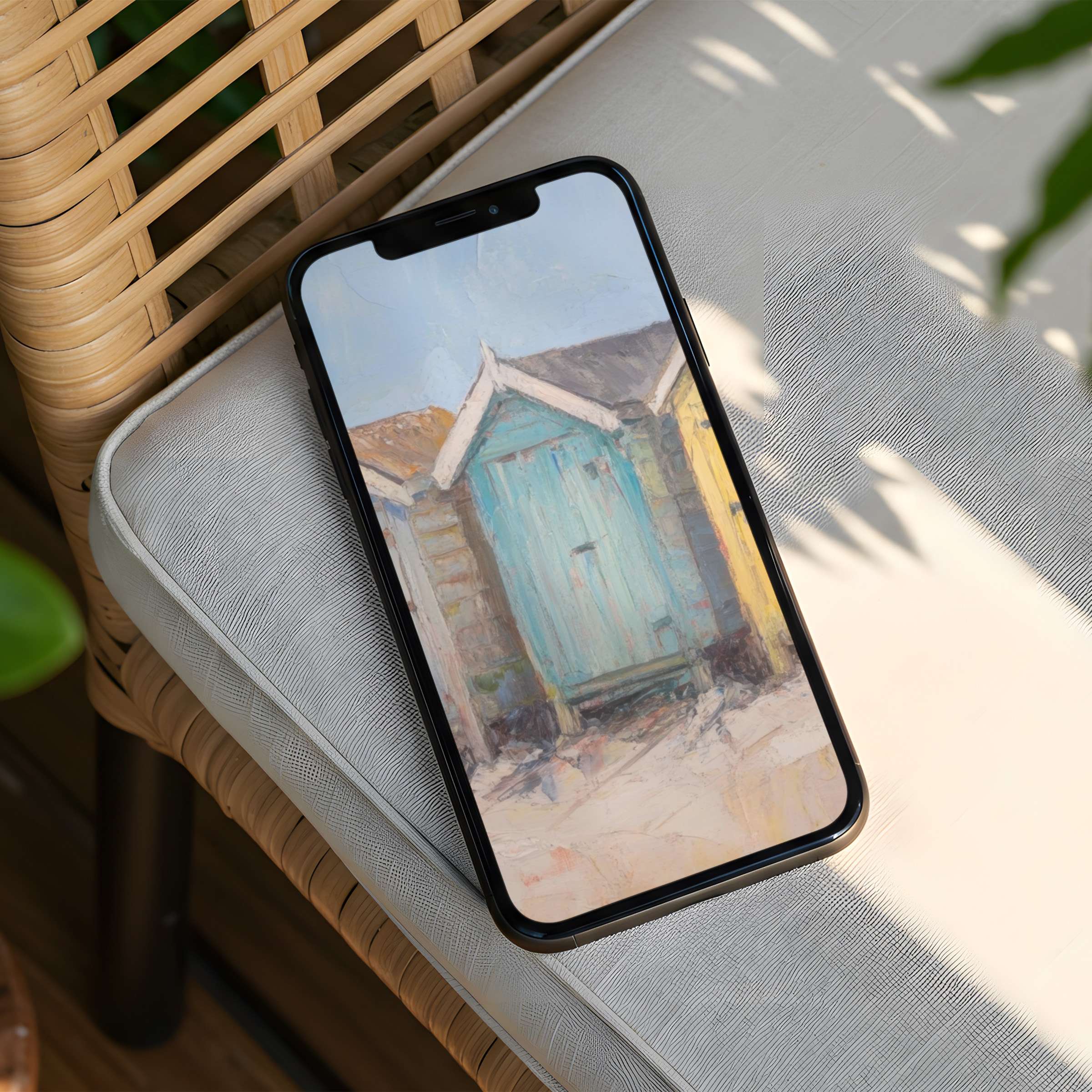 Elegant iPhone background with pastel beach huts offers instant download for both iPhone and Android phones, inspiring calm and mindfulness
