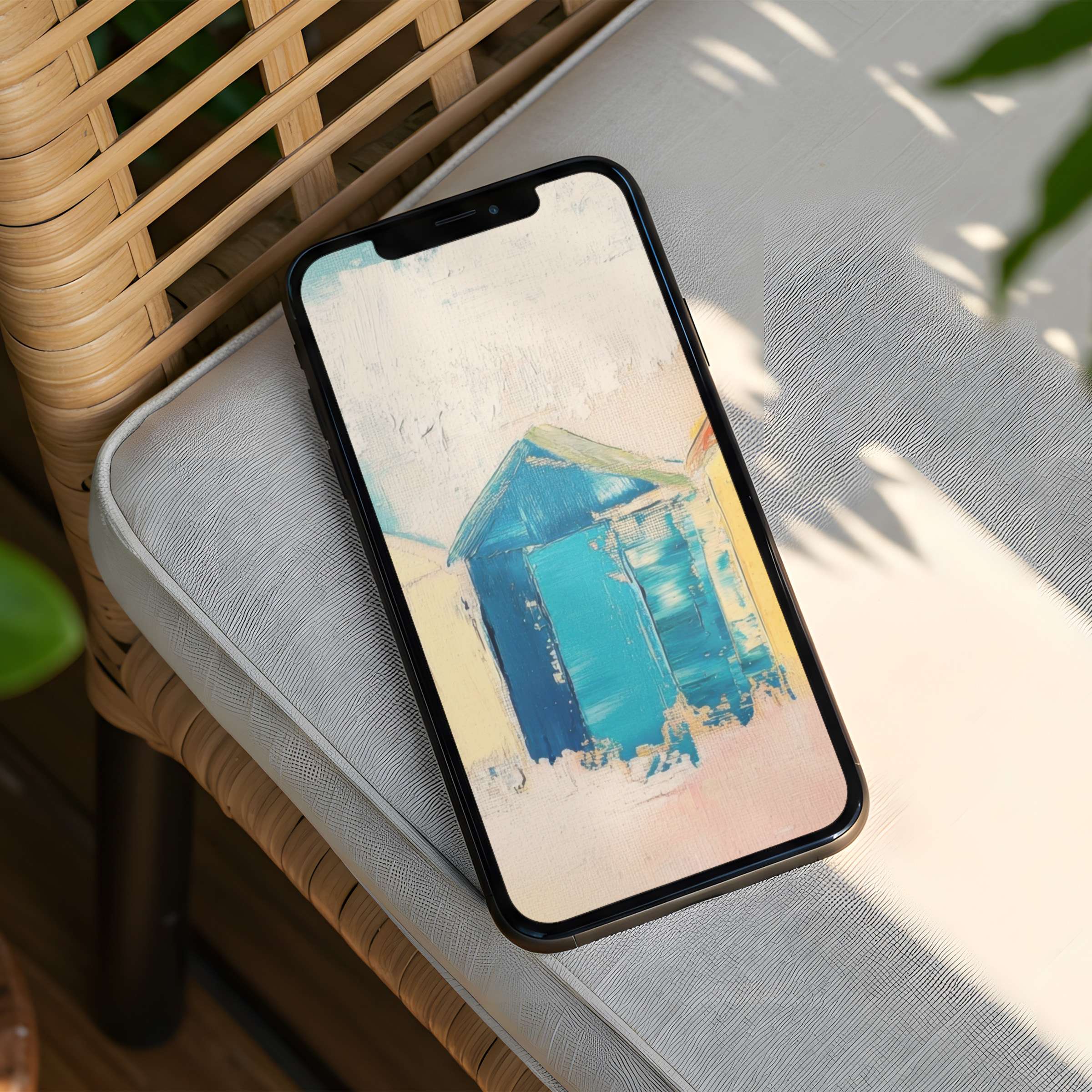 Elegant iPhone background with soft pastel beach huts offers calm inspiration and mindfulness for your phone instant download