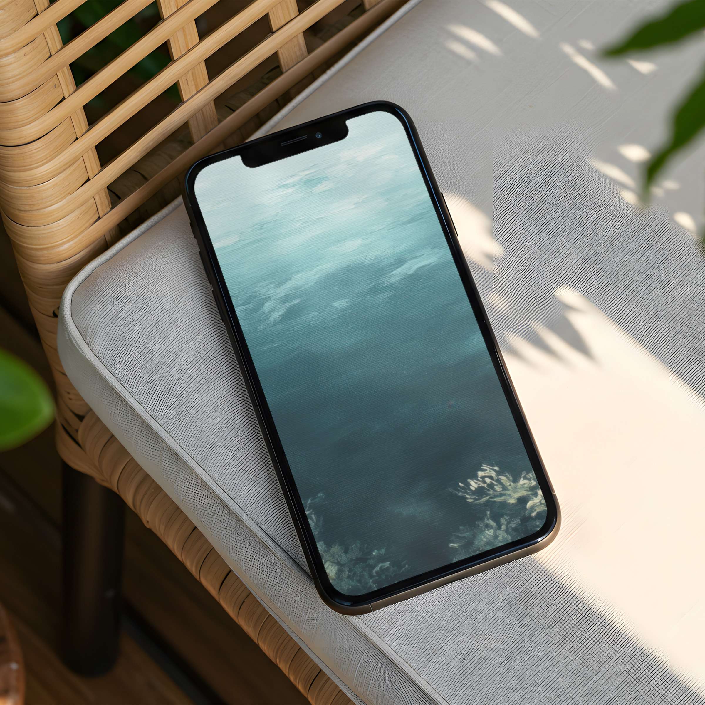 Serene ocean-inspired iPhone background on a phone screen brings calm elegance to any device with instant download availability