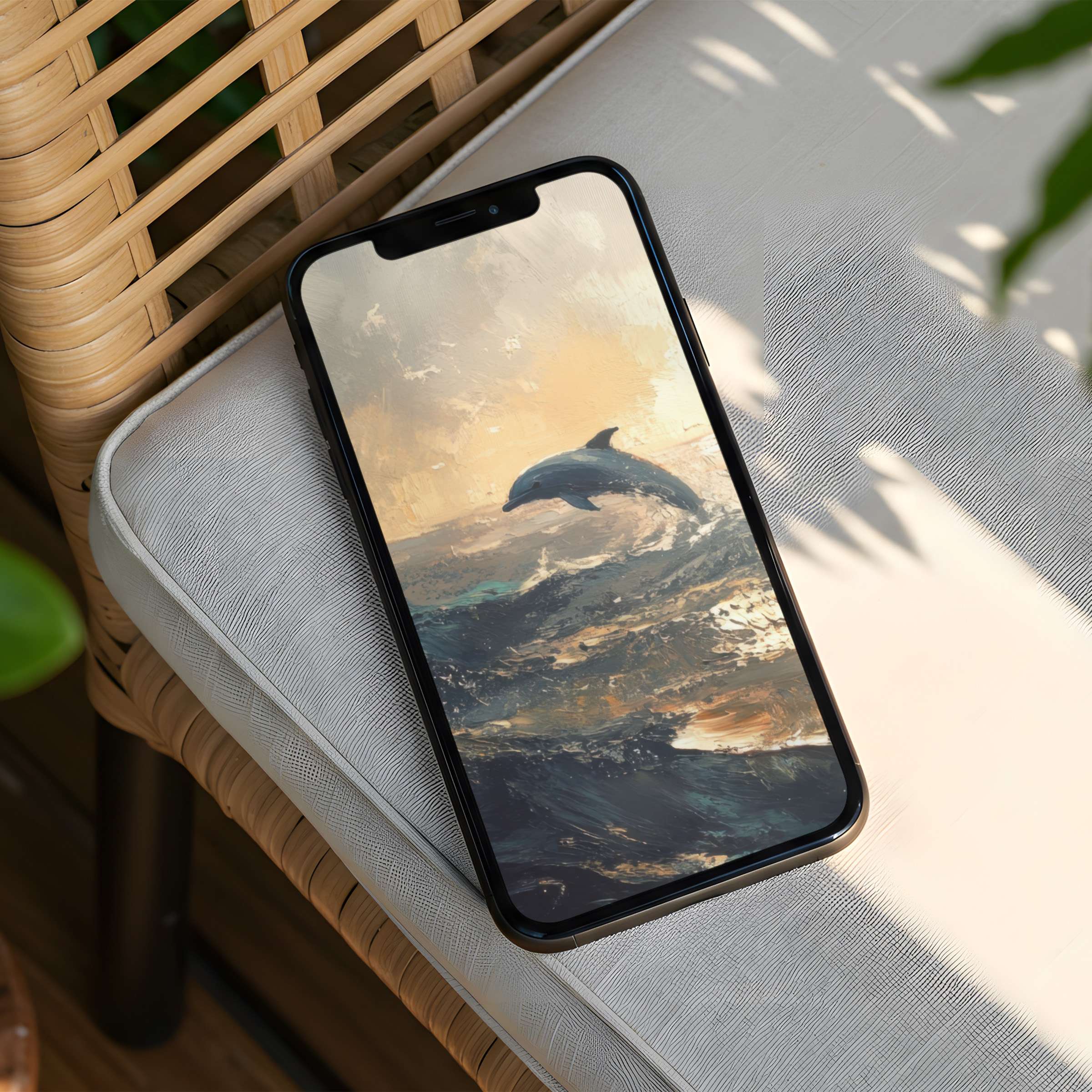 Elegant ocean-themed iPhone background featuring a dolphin leaping through textured waves in soft hues, available for instant download to inspire mindfulness on any phone
