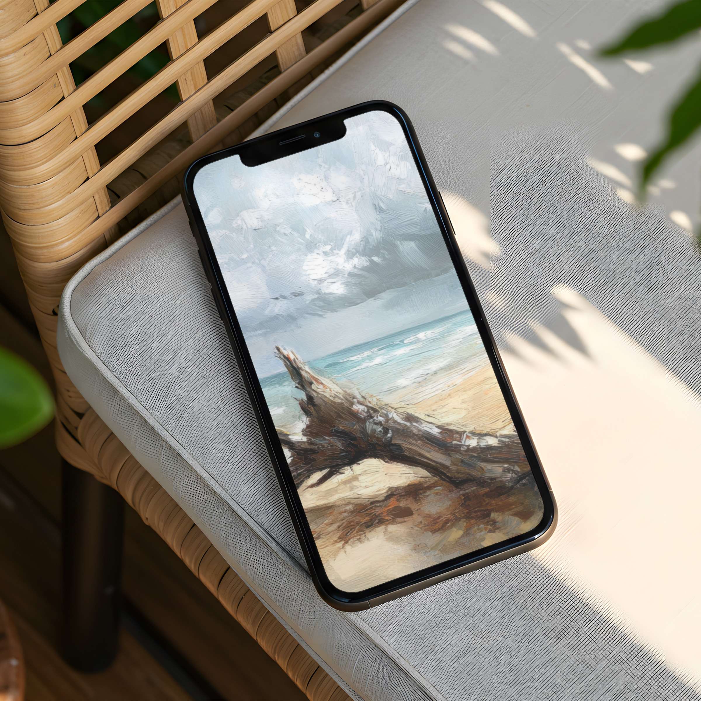 Calming beach scene on iPhone background offers elegant, mindful vibes in instant download format for any phone user