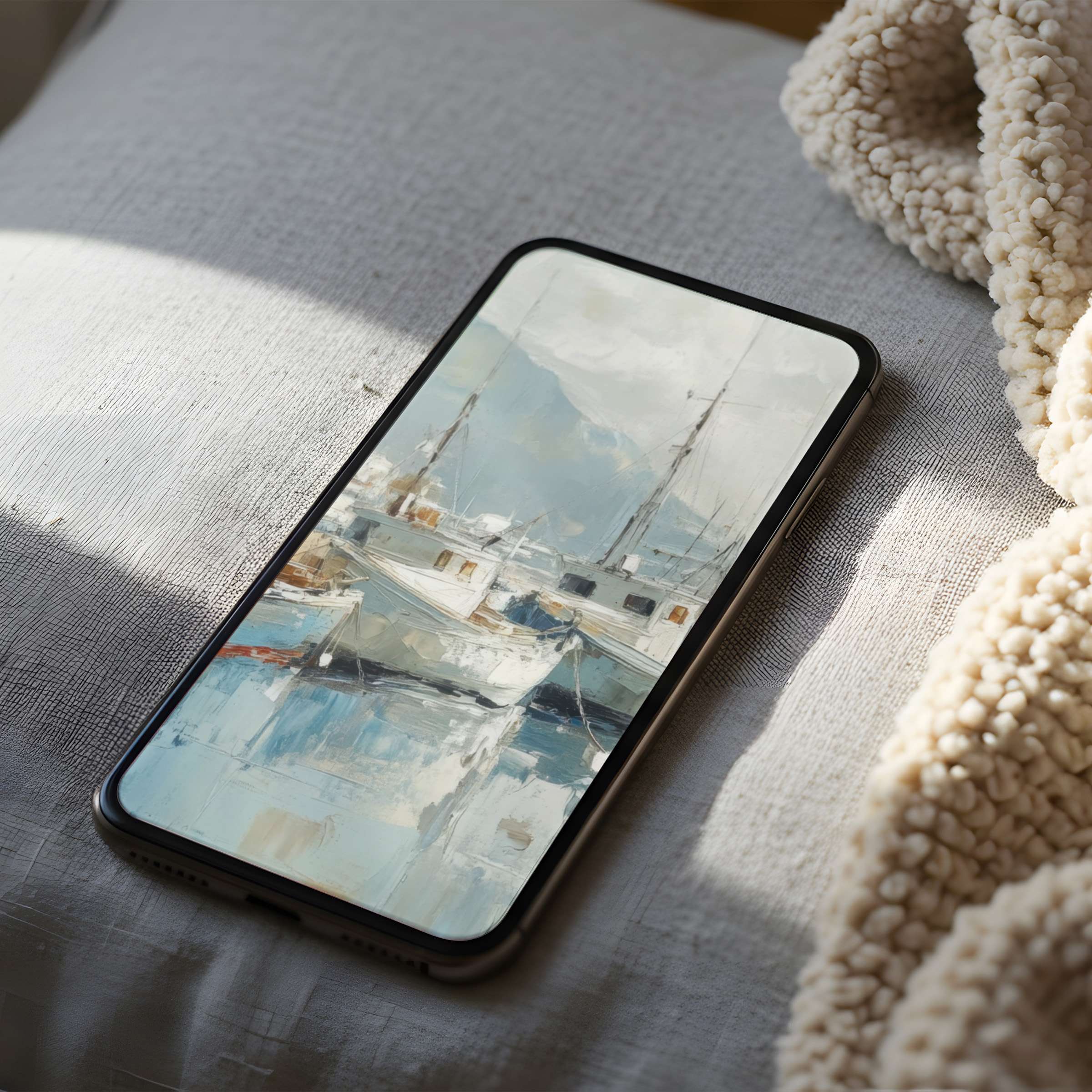 Elegant phone wallpaper featuring serene watercolor boats in high resolution, perfect for a soothing iPhone or Android digital download