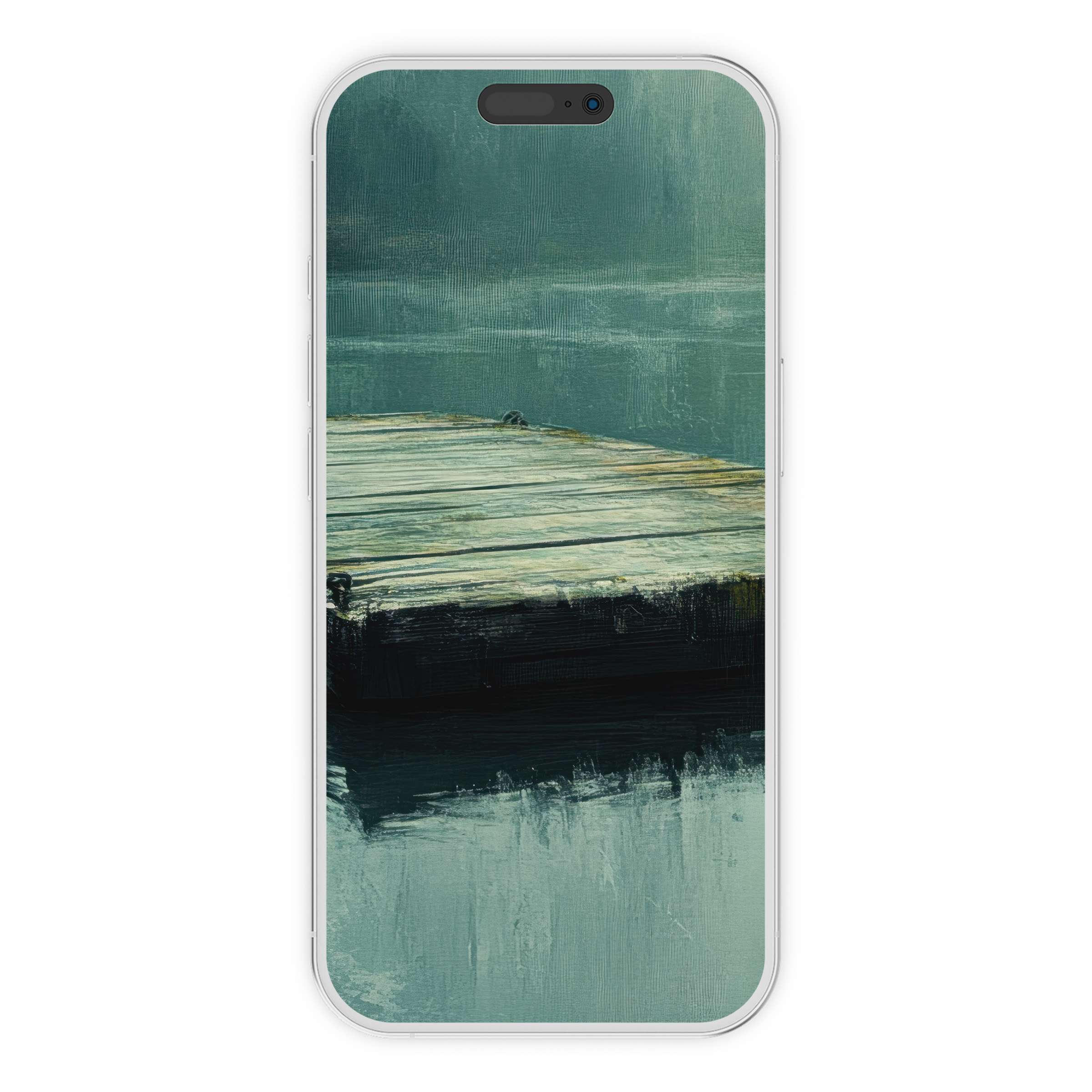 Tranquil beach iPhone wallpaper with a serene dock painting, ideal phone background for digital download, calming stylish design