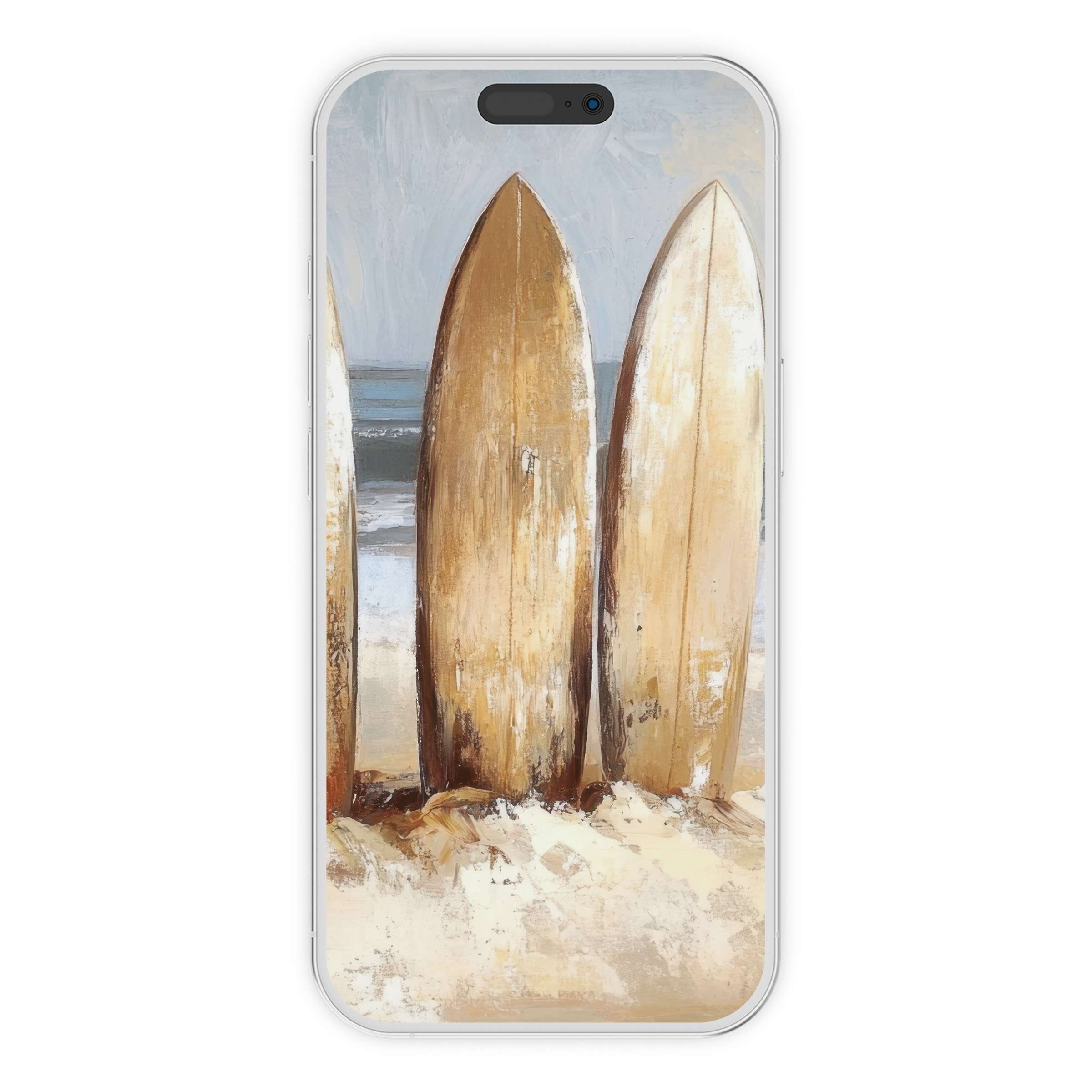 Elegant beach iPhone wallpaper featuring rustic surfboards evokes calm Perfect phone background for digital download and artistic flair