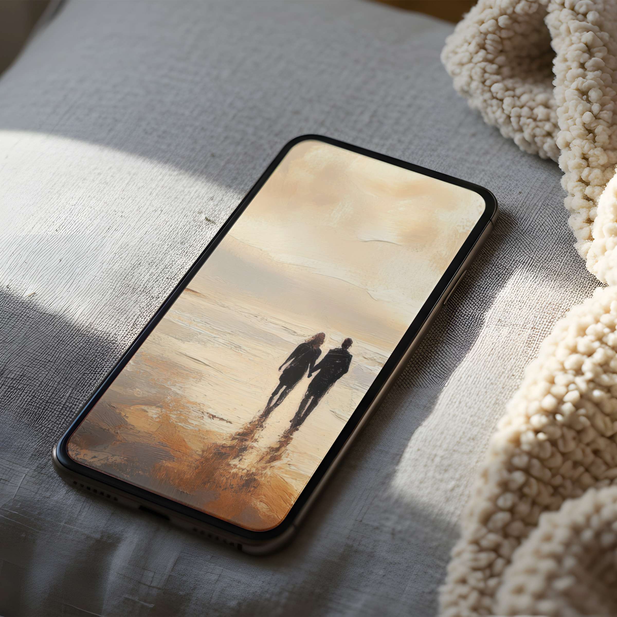 Serene phone wallpaper with a coastal sunrise painting, ideal for iPhone and android phones, offering calming beauty and high resolution elegance