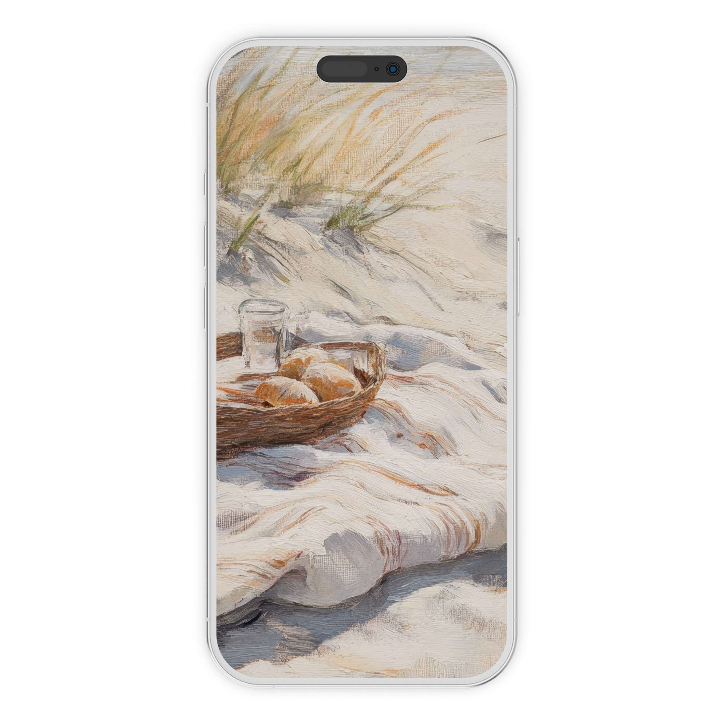 Serene beach iPhone wallpaper digital download featuring soft sandy textures and elegant picnic scene for calming phone background