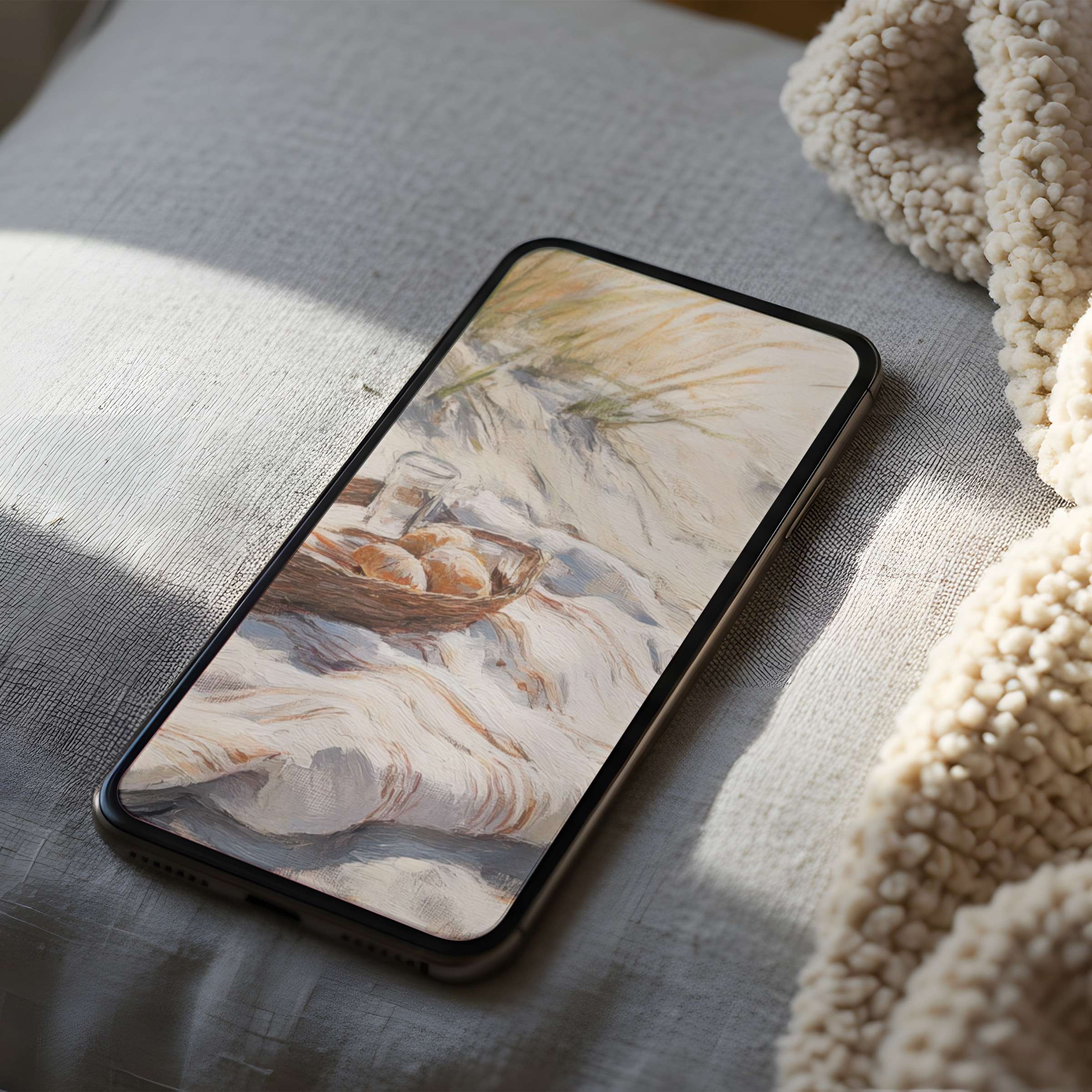 Coastal scene phone wallpaper in high resolution featuring dunes and a basket of bread evokes tranquility for serene digital downloads