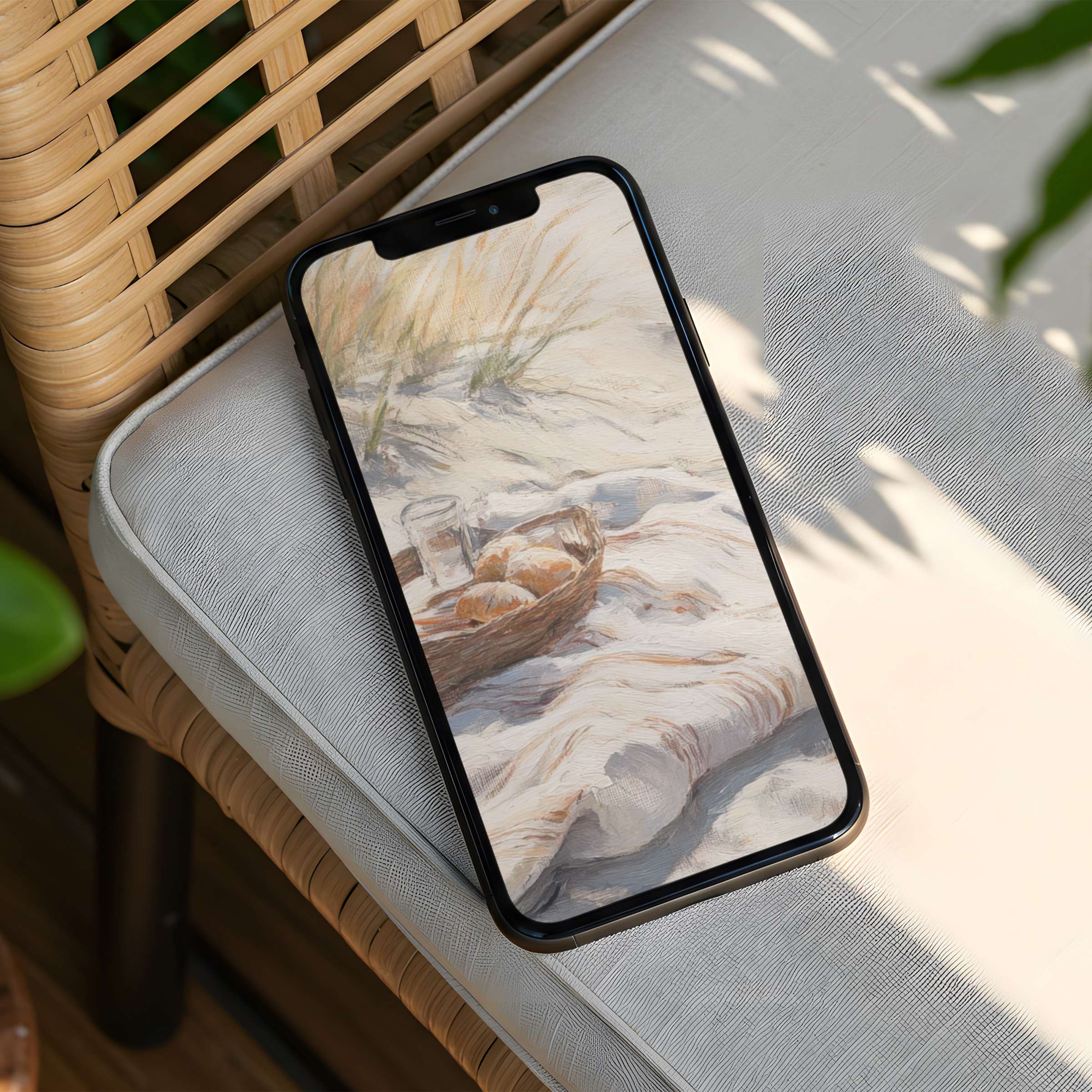 Elegant iPhone background featuring serene beach scene in soft pastel tones for instant download calming phone aesthetics