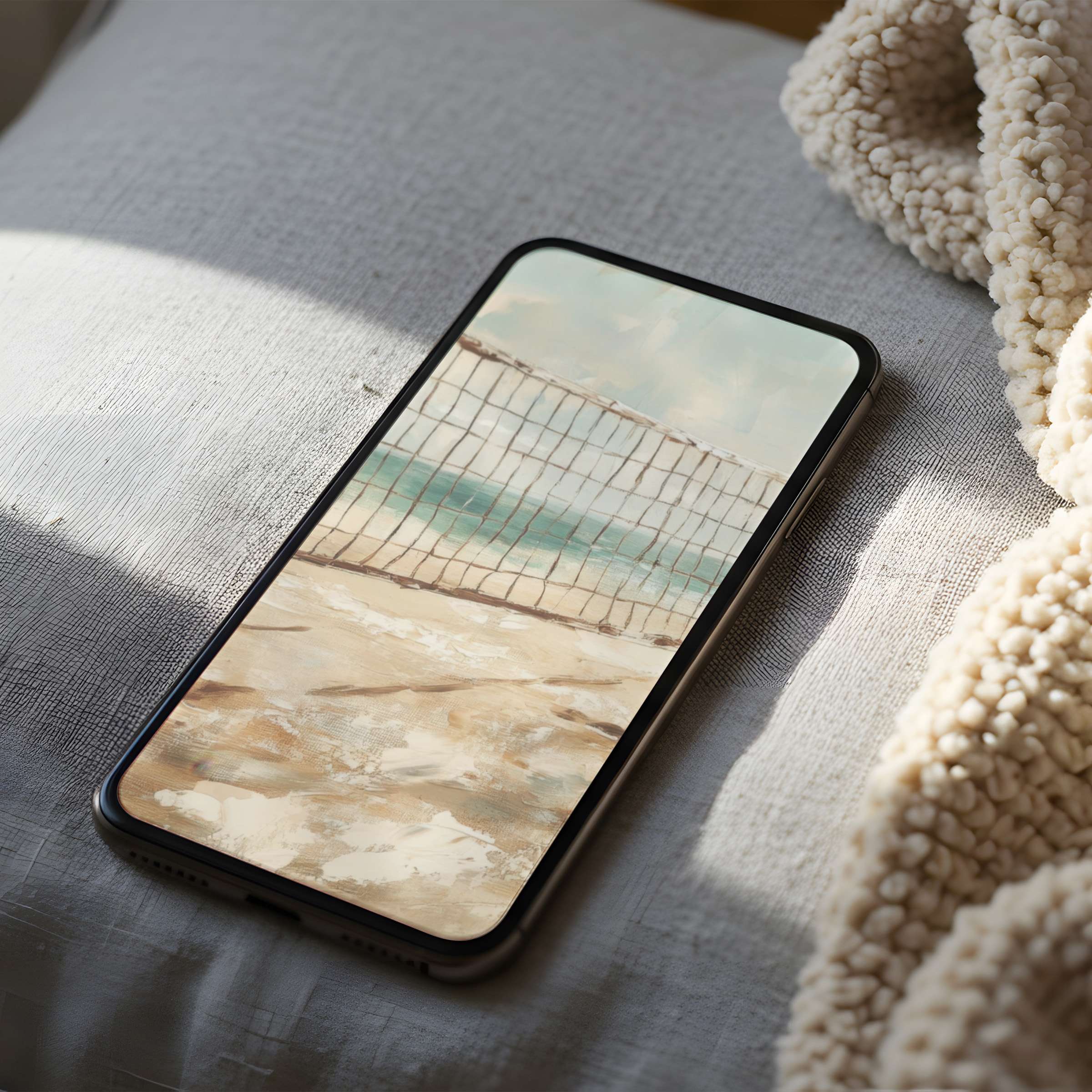 Serene beach-inspired phone wallpaper with soft hues and ocean motif; high-resolution digital art for iPhone and Android download