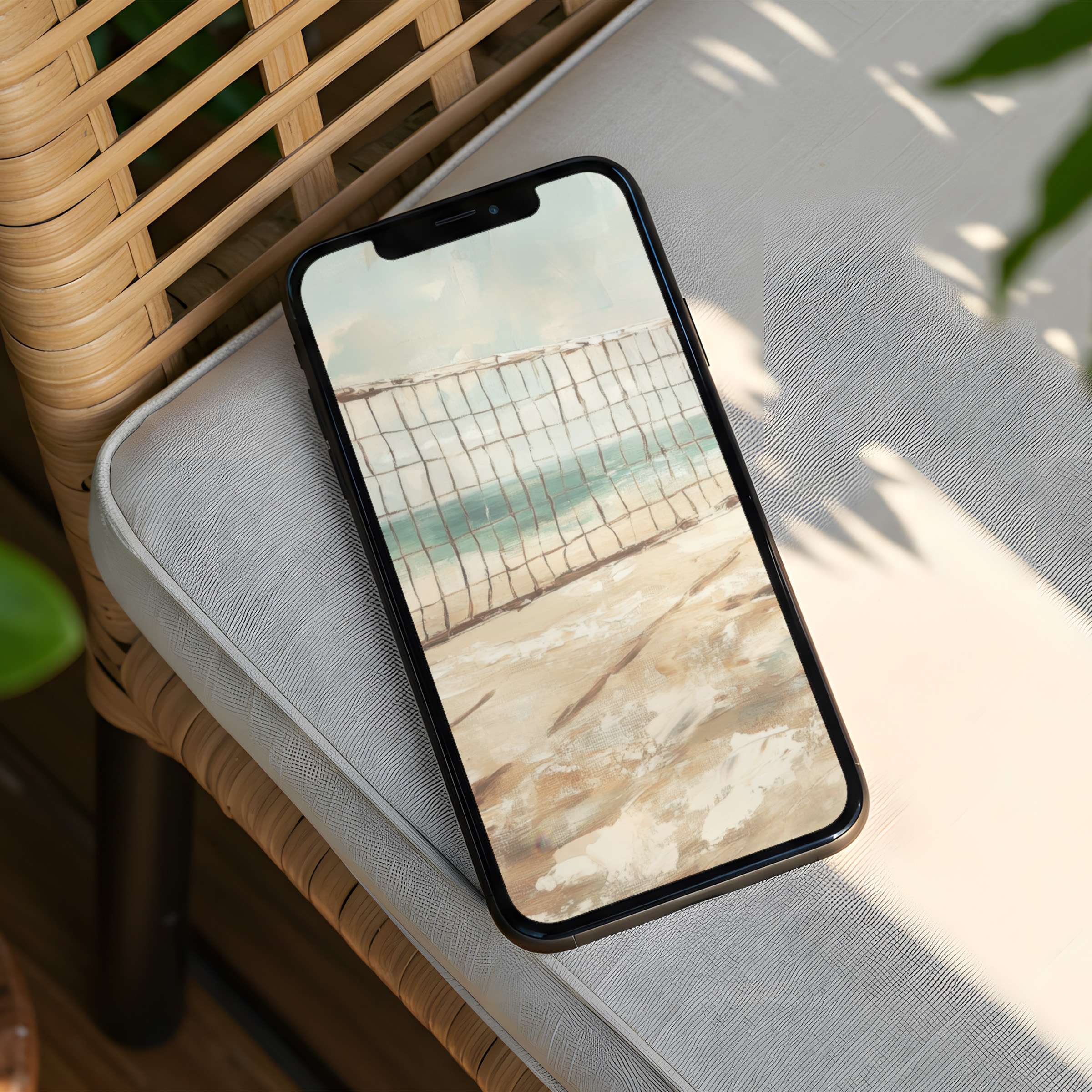 Elegant beach scene iPhone background exudes calm with sandy textures and soft waves ideal for phone screens instant download available