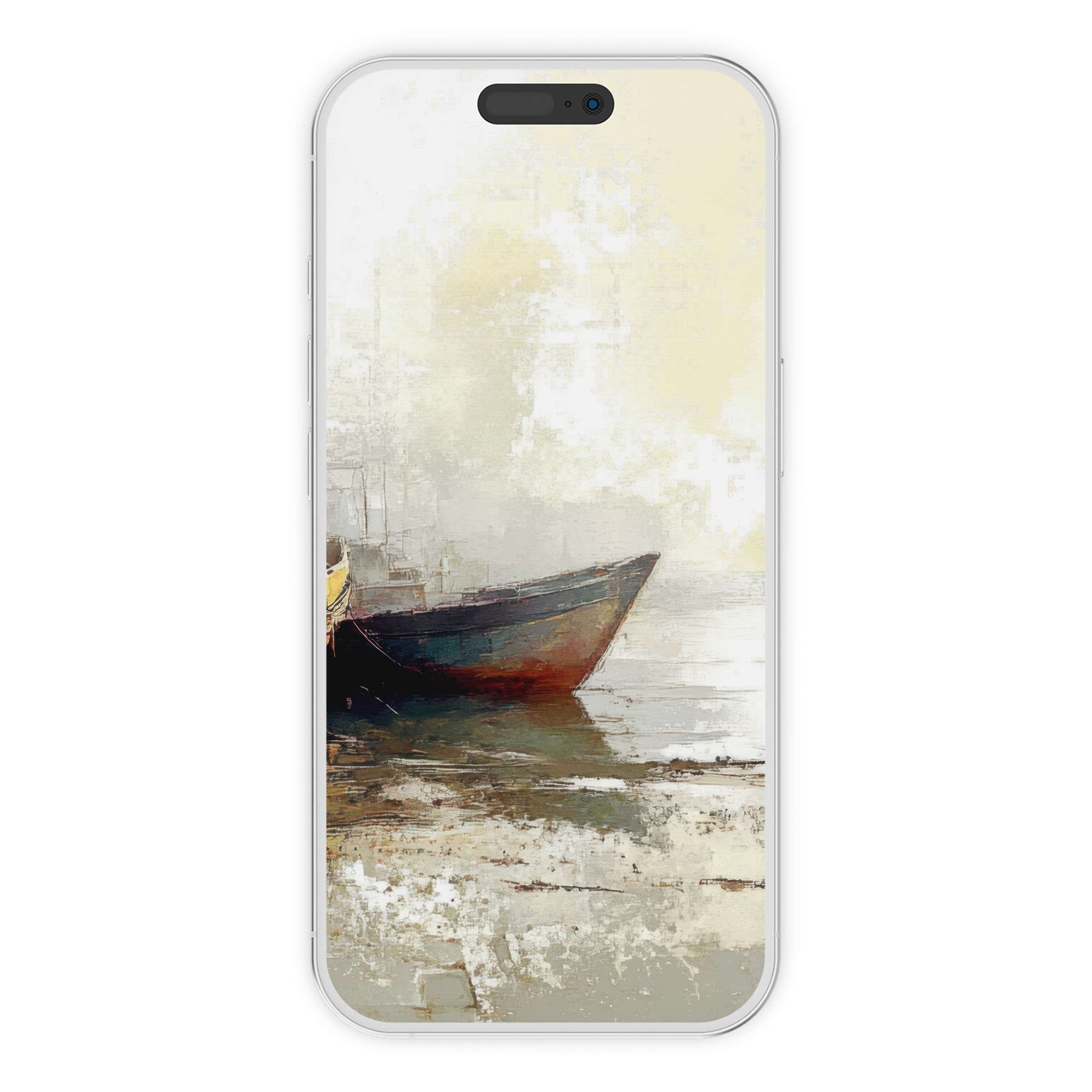 Serene beach iPhone wallpaper with impressionist boat art phone background for digital download to inspire elegance and calmness
