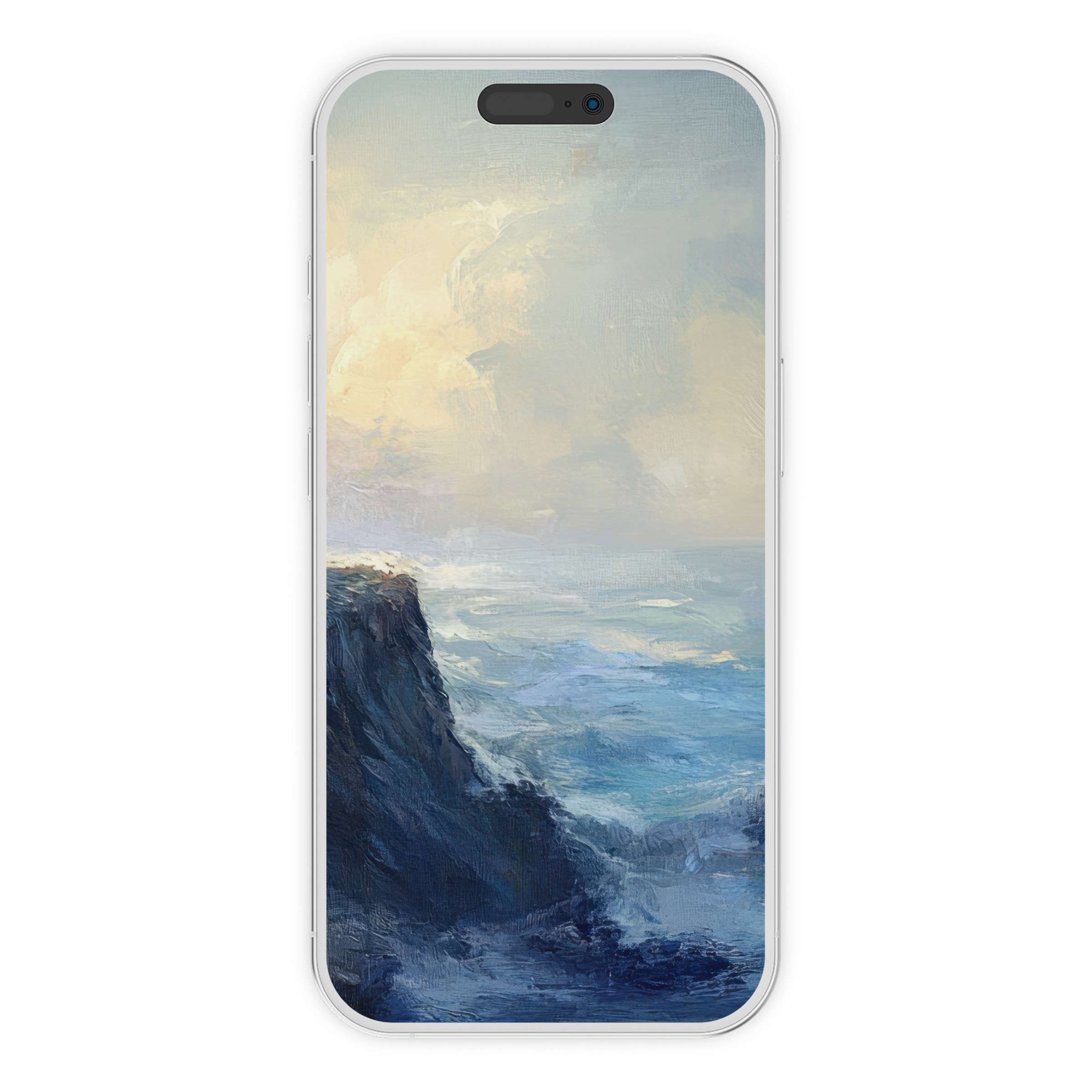 Calming beach iPhone wallpaper in a serene digital download featuring soft pastel skies and textured oceans perfect for phone background